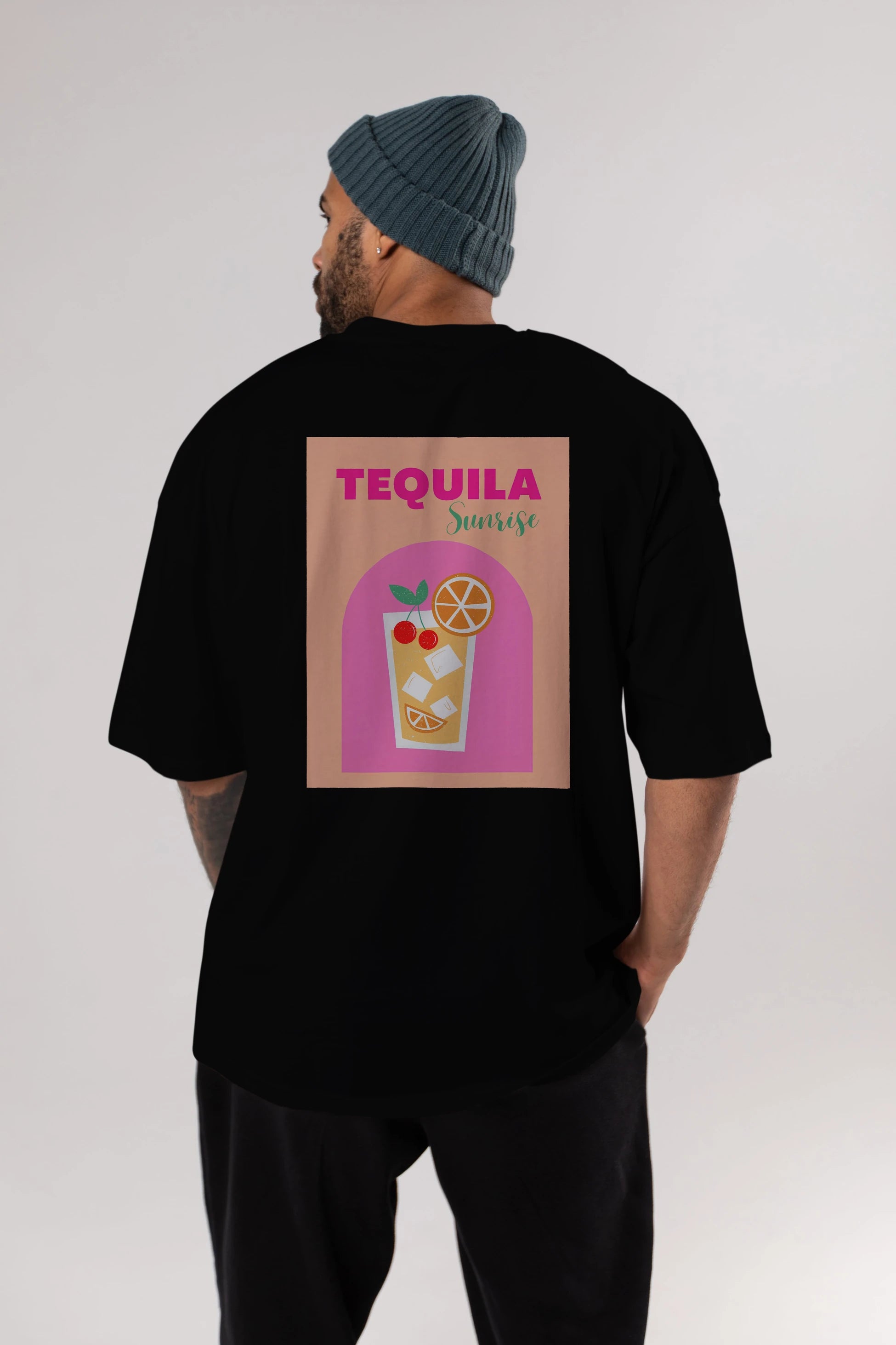 Tequila Sunrise 2 Arka Baskılı Oversize t-shirt Erkek Kadın Unisex %100 Pamuk Bisiklet Yaka tişort