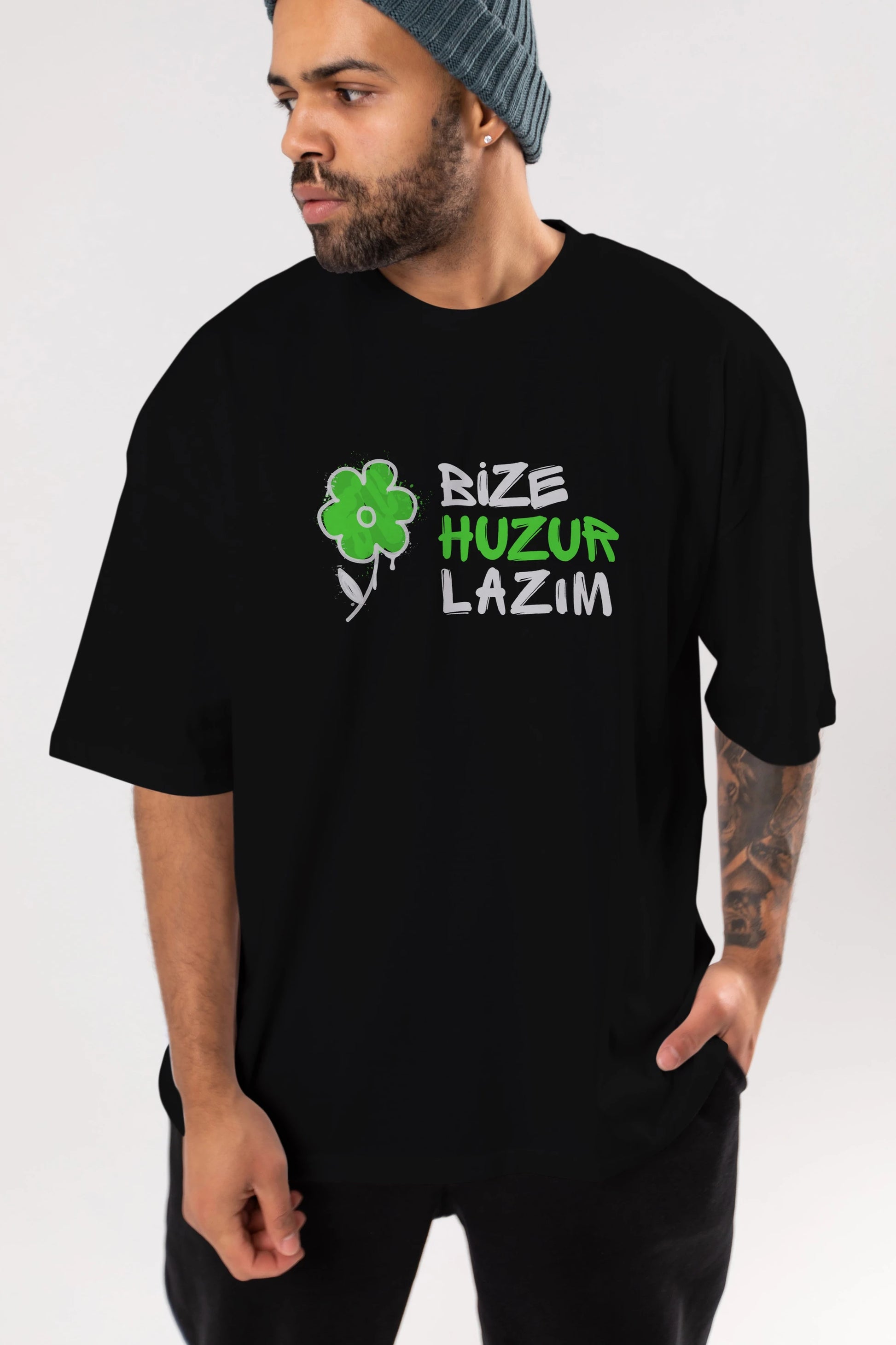 Bize Huzur Lazım Ön Baskılı Oversize t-shirt Erkek Kadın Unisex