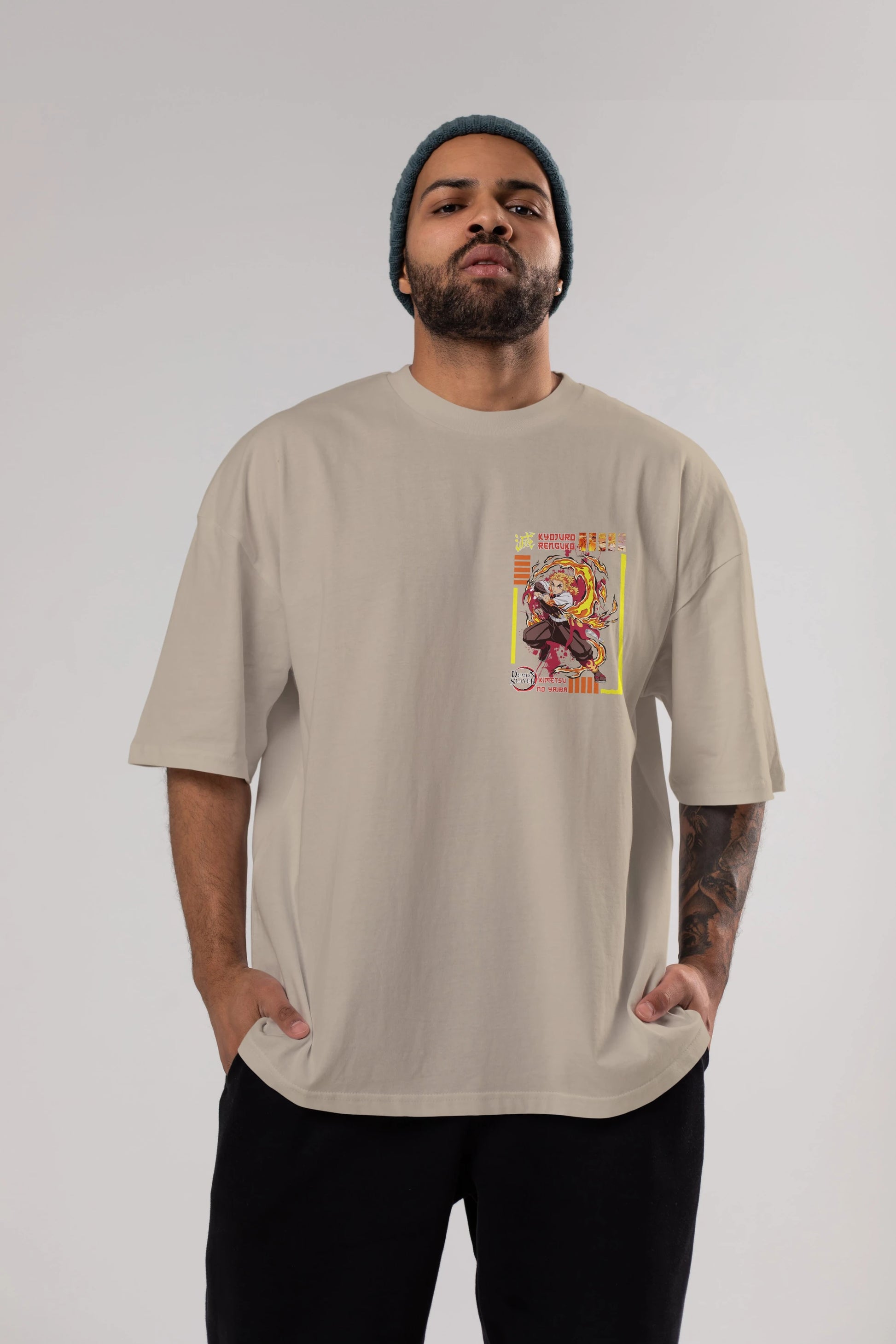 KYOJURO RENGOKU Ön Sol Baskılı Oversize t-shirt Erkek Kadın Unisex %100 Pamuk Bisiklet Yaka tişort