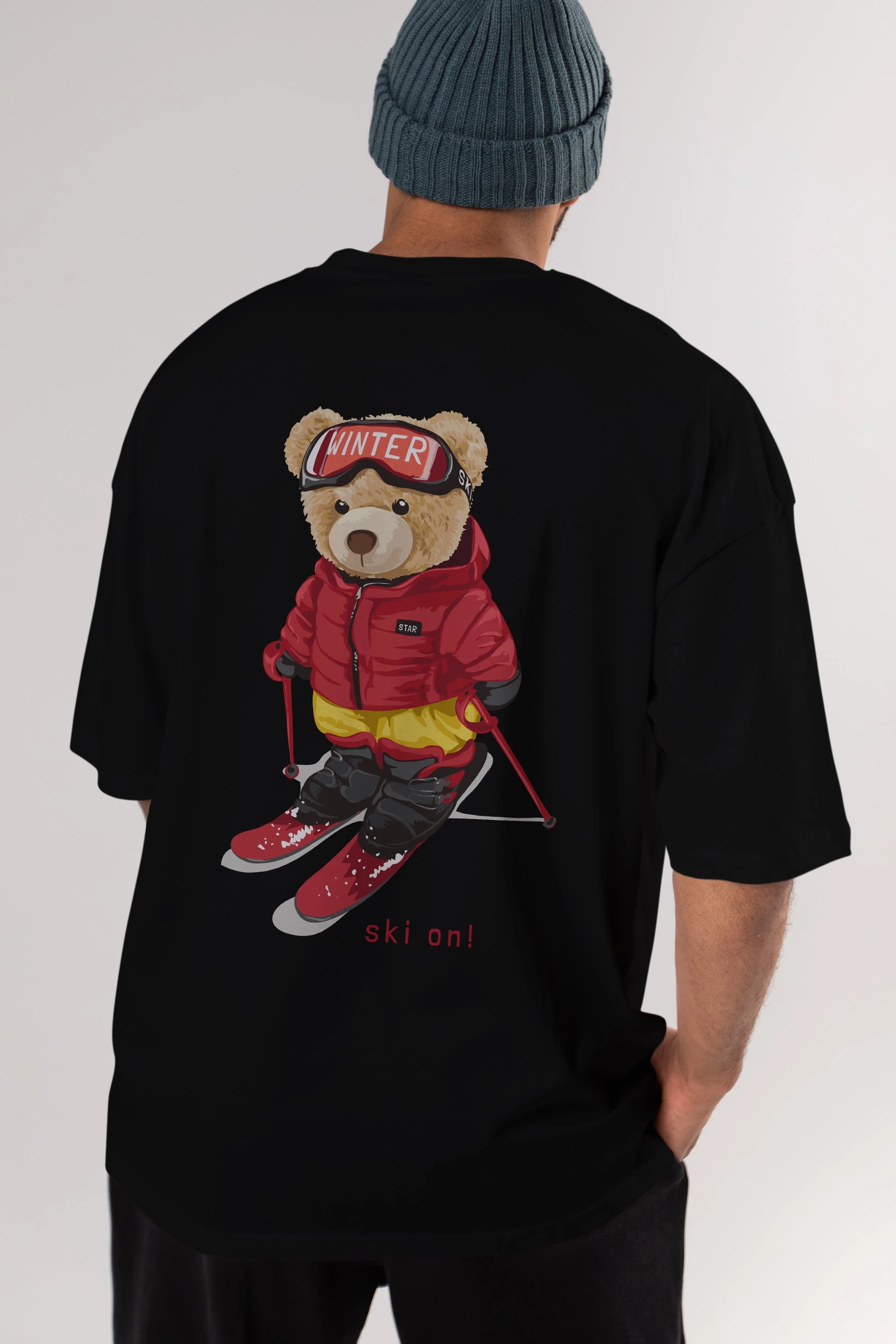 Teddy Bear Ski On Arka Baskılı Oversize t-shirt Erkek Kadın Unisex %100 Pamuk