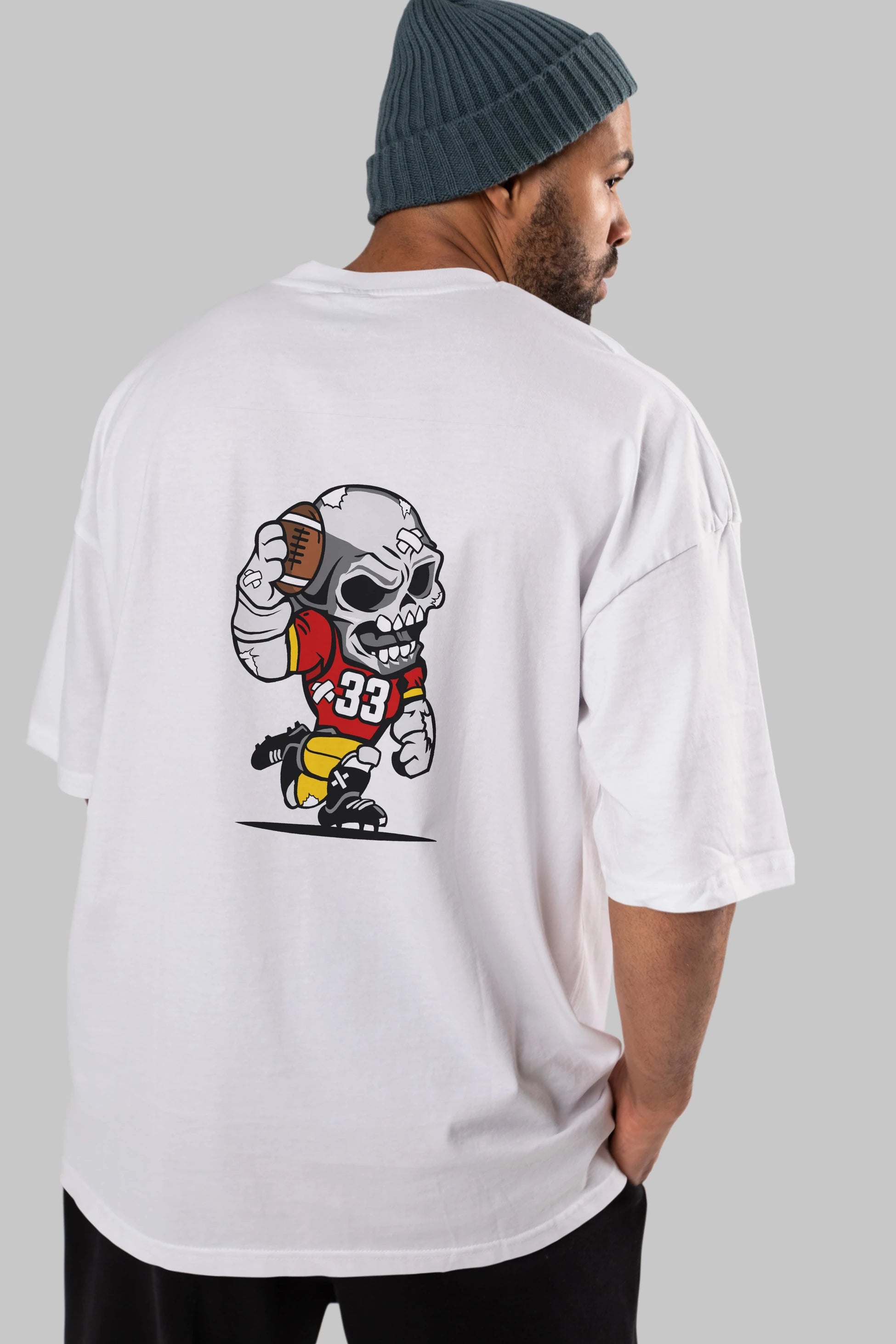 Skull Football Player Arka Baskılı Oversize t-shirt Erkek Kadın Unisex %100 Pamuk tişort