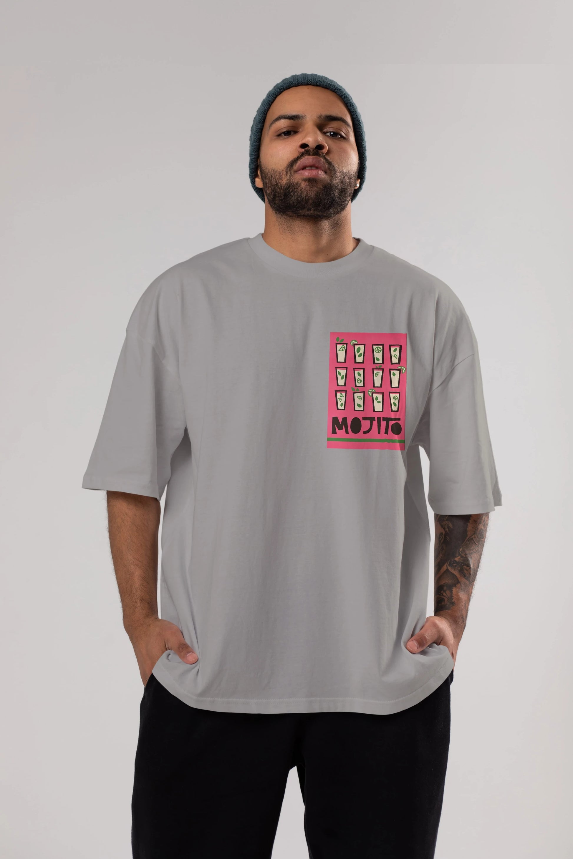 Mojito Ön Sol Baskılı Oversize t-shirt Erkek Kadın Unisex %100 Pamuk Bisiklet Yaka tişort