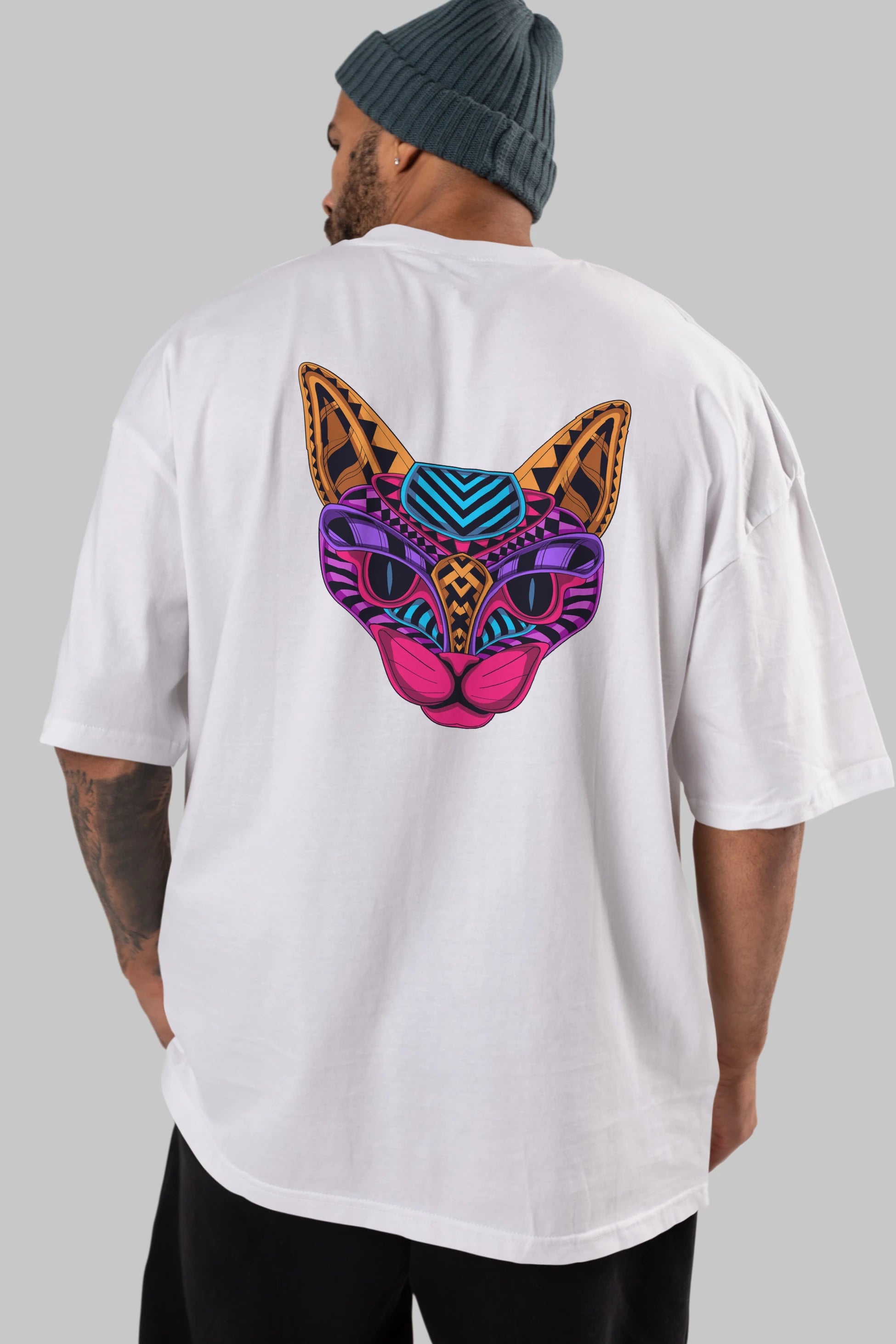 Black Neon Cat Arka Baskılı Oversize t-shirt Erkek Kadın Unisex