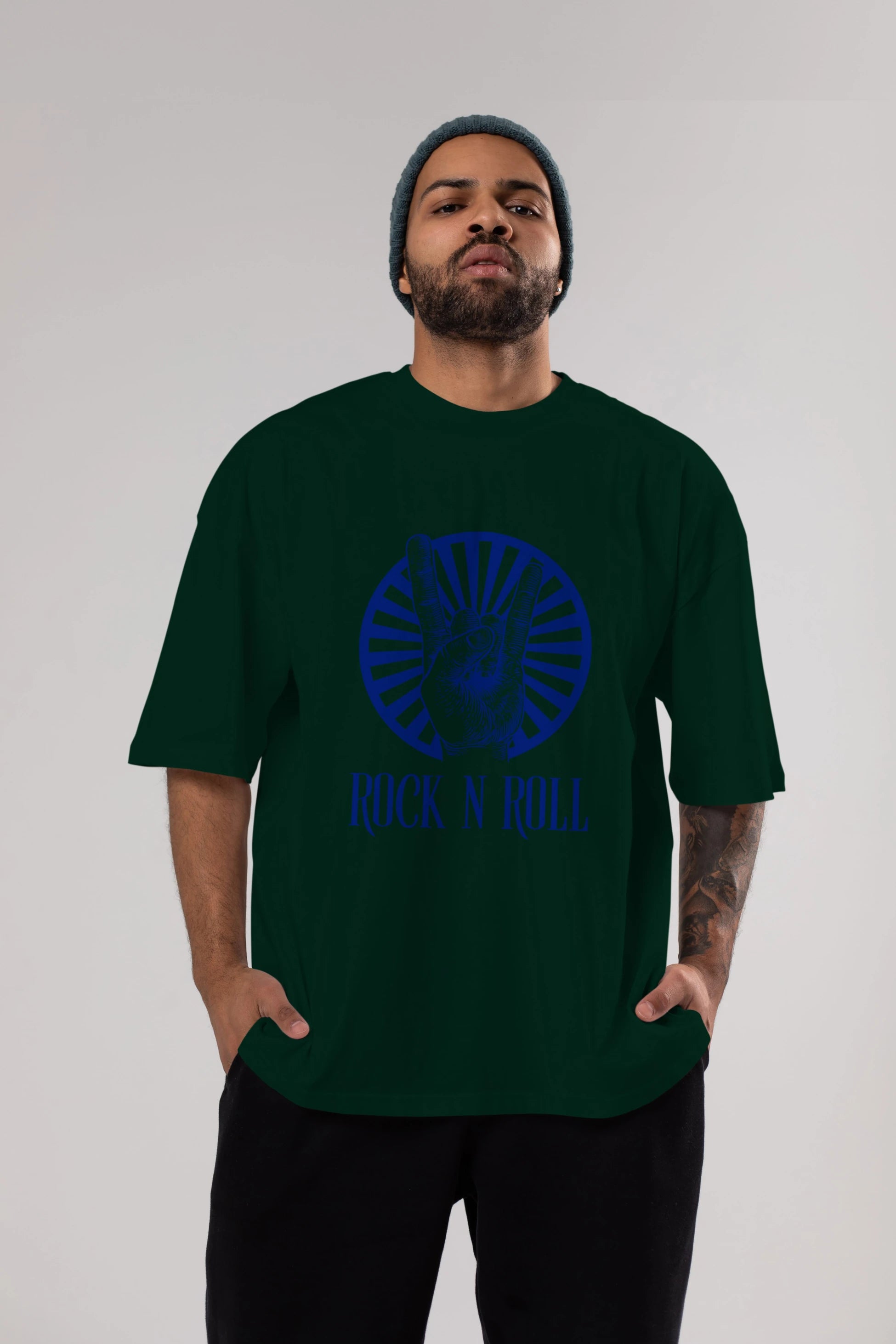 Rock N Roll Yazılı Ön Baskılı Oversize t-shirt Erkek Kadın Unisex
