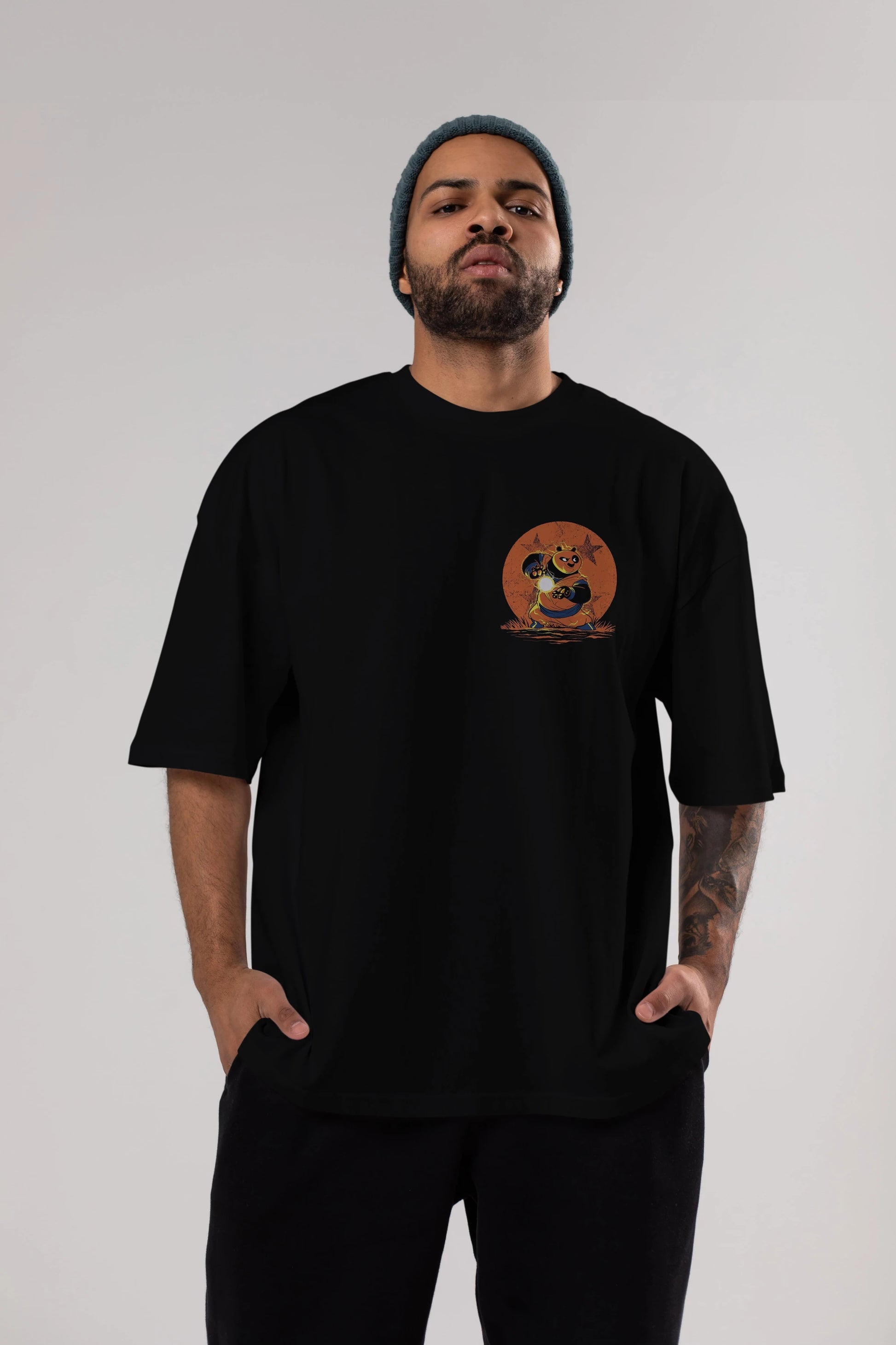 Kung Fu Panda Ön Sol Baskılı Oversize t-shirt Erkek Kadın Unisex %100 Pamuk Bisiklet Yaka tişort