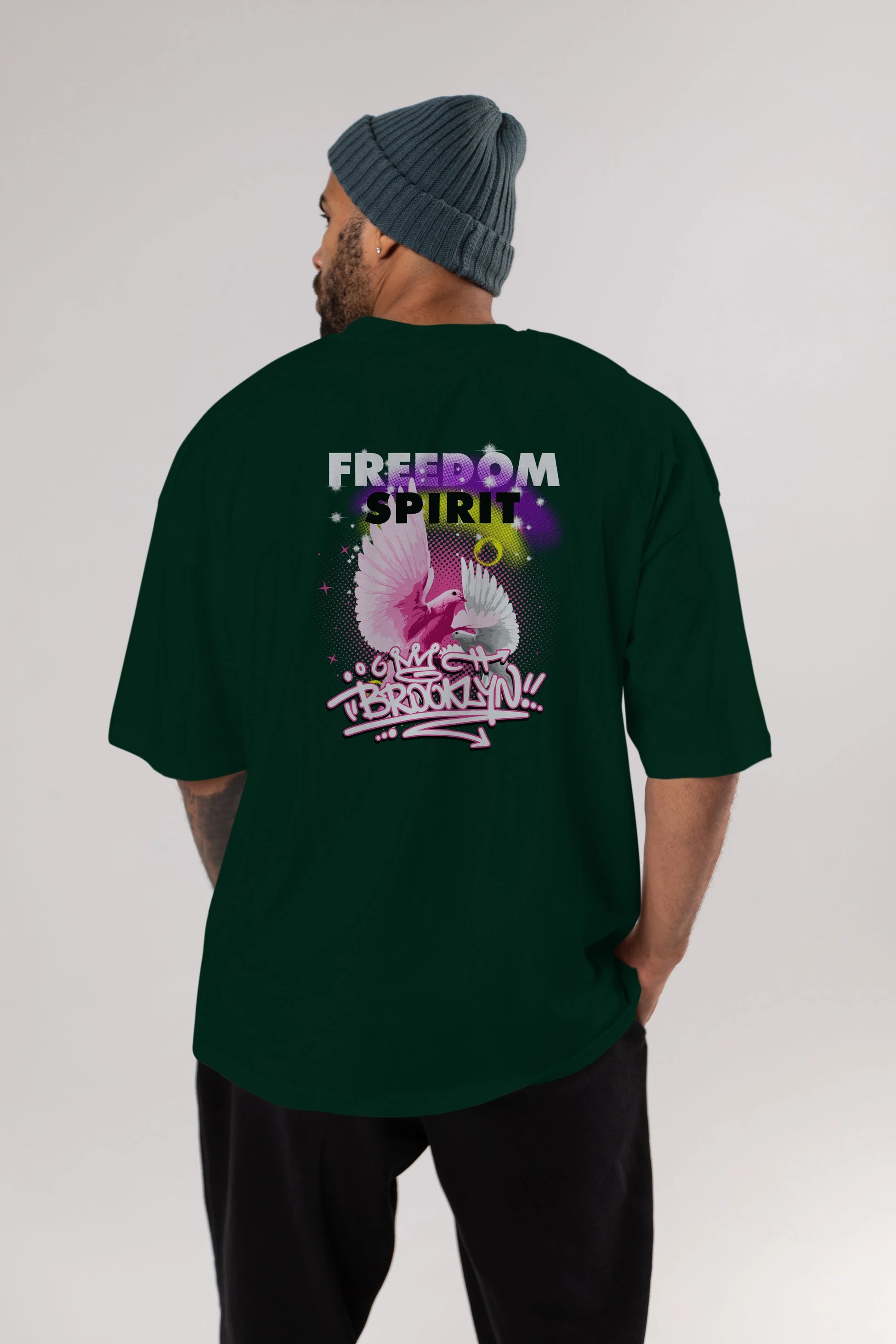 Freedom Spirit Brooklyn Arka Baskılı Oversize t-shirt Erkek Kadın Unisex