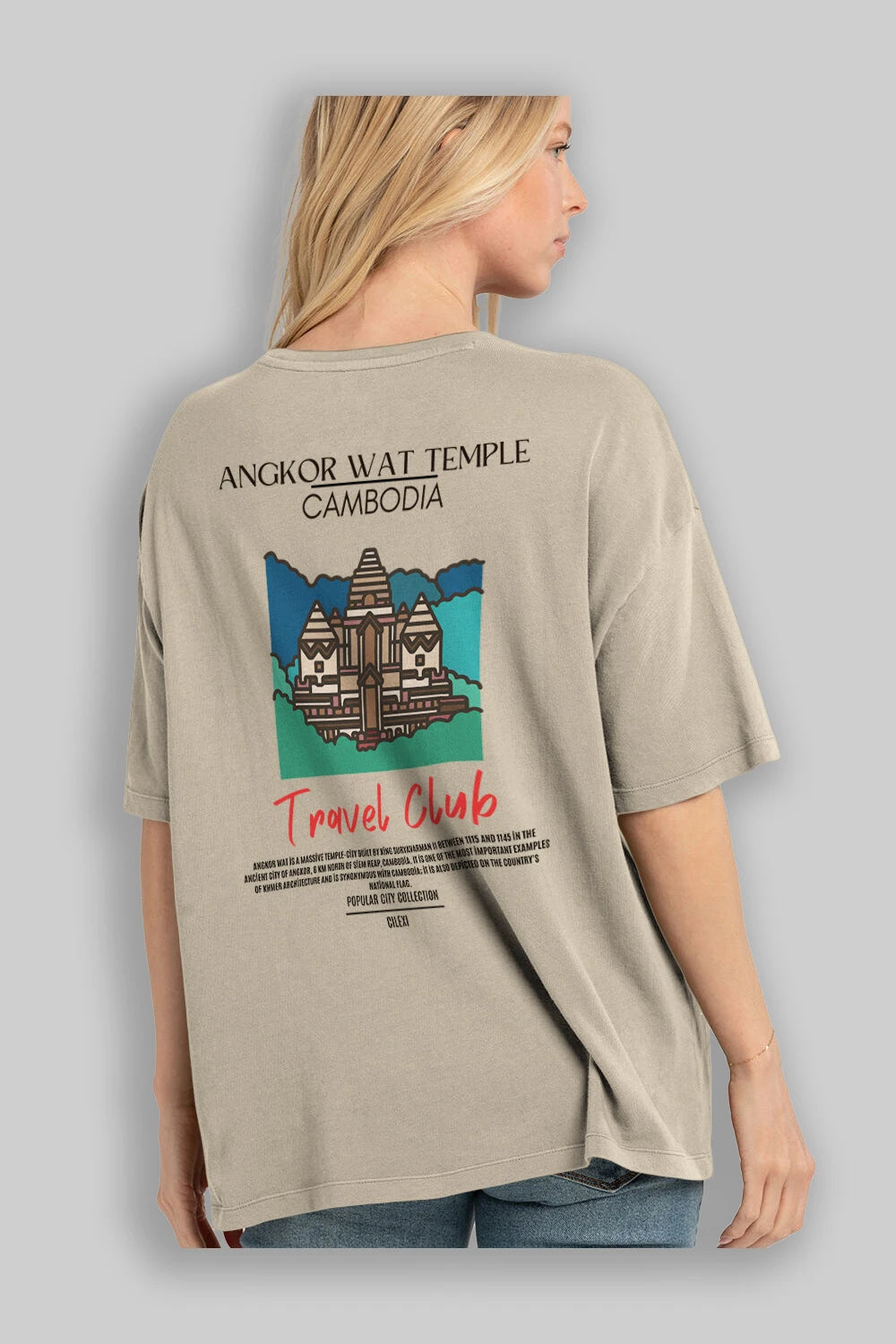 Angkor Wat Temple Cambodia Arka Baskılı Oversize t-shirt Erkek Kadın Pamuk Bisiklet Yaka tişort