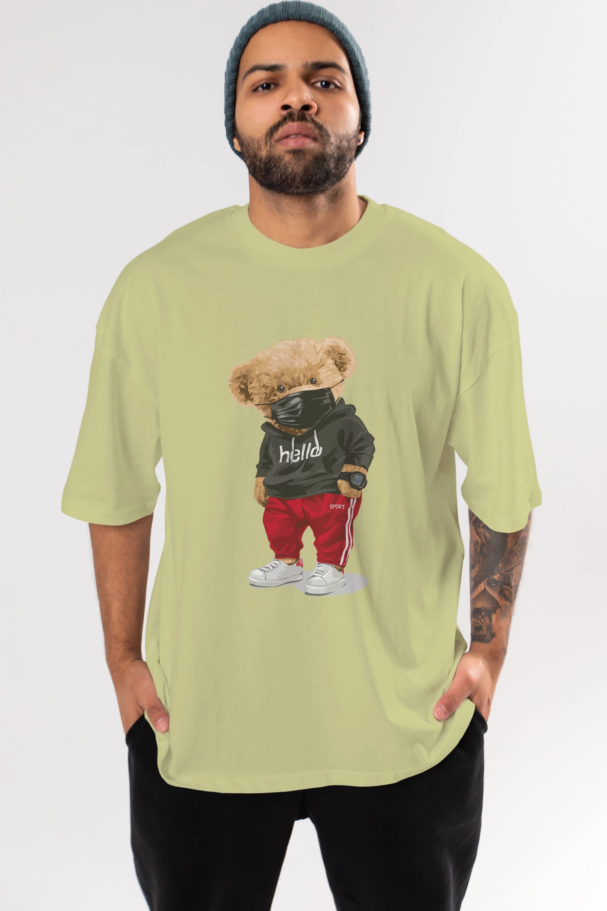 Teddy Bear Hello Sport Ön Baskılı Oversize t-shirt Erkek Kadın Unisex %100 Pamuk