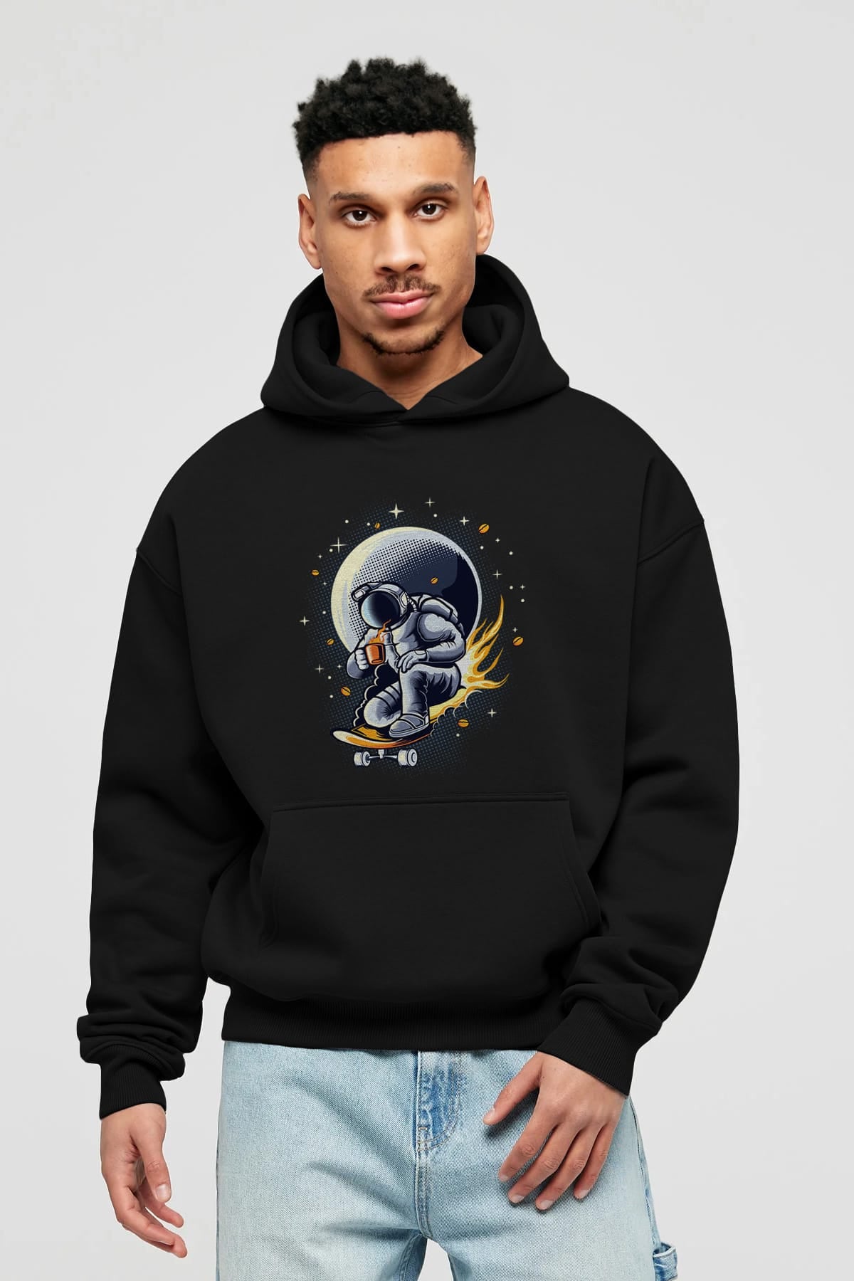 Astro Coffee Addict Ön Baskılı Hoodie Oversize Kapüşonlu Sweatshirt Erkek Kadın Unisex