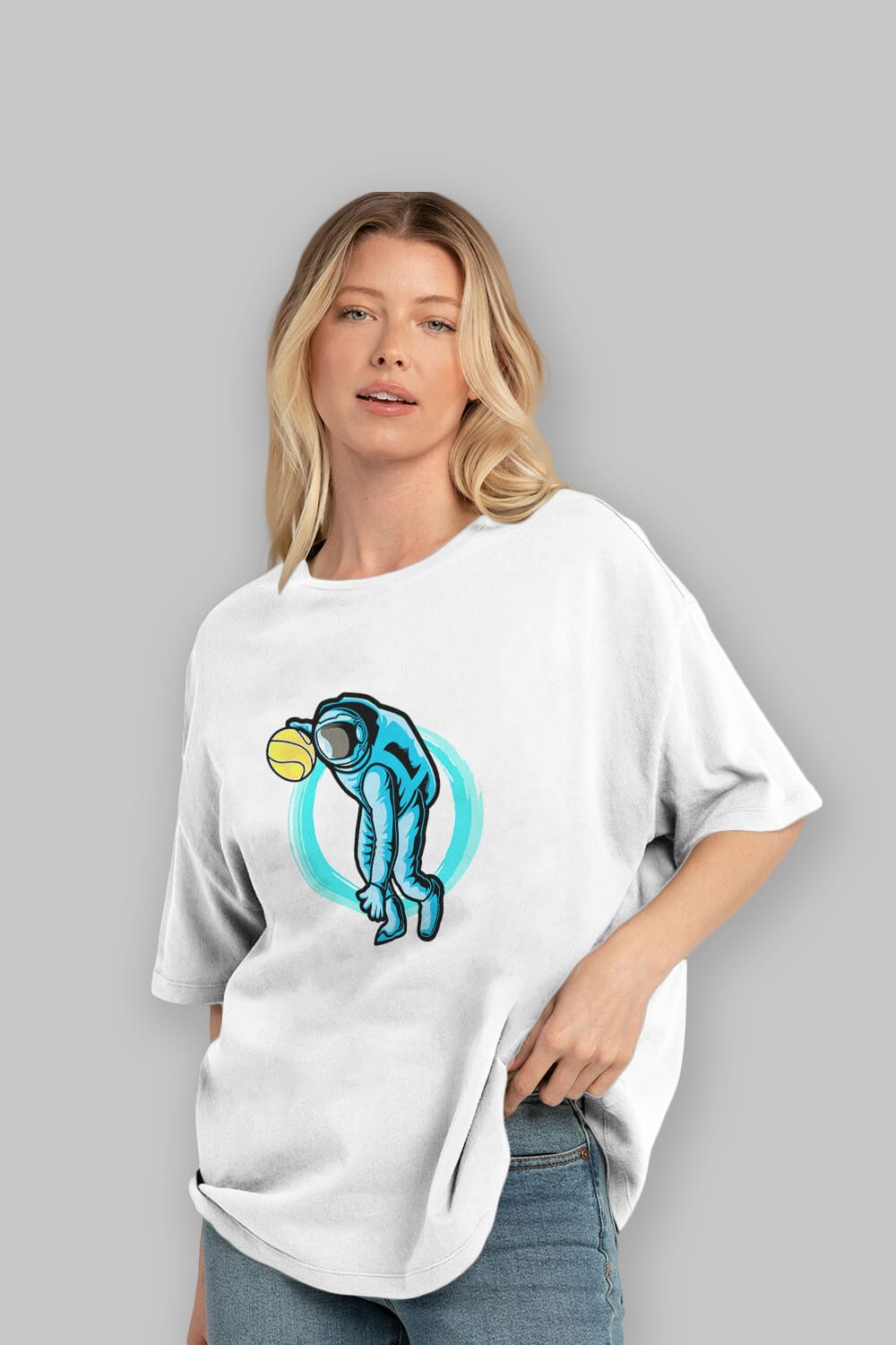 Astronaut Dribble Sticker Ön Baskılı Oversize t-shirt Erkek Kadın Unisex