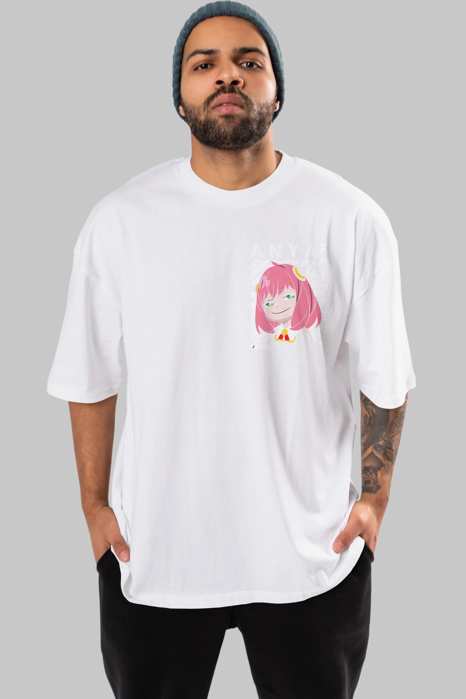 Anya SPYX FAMILY Ön Sol Baskılı Oversize t-shirt Erkek Kadın Unisex %100 Pamuk Bisiklet Yaka tişort