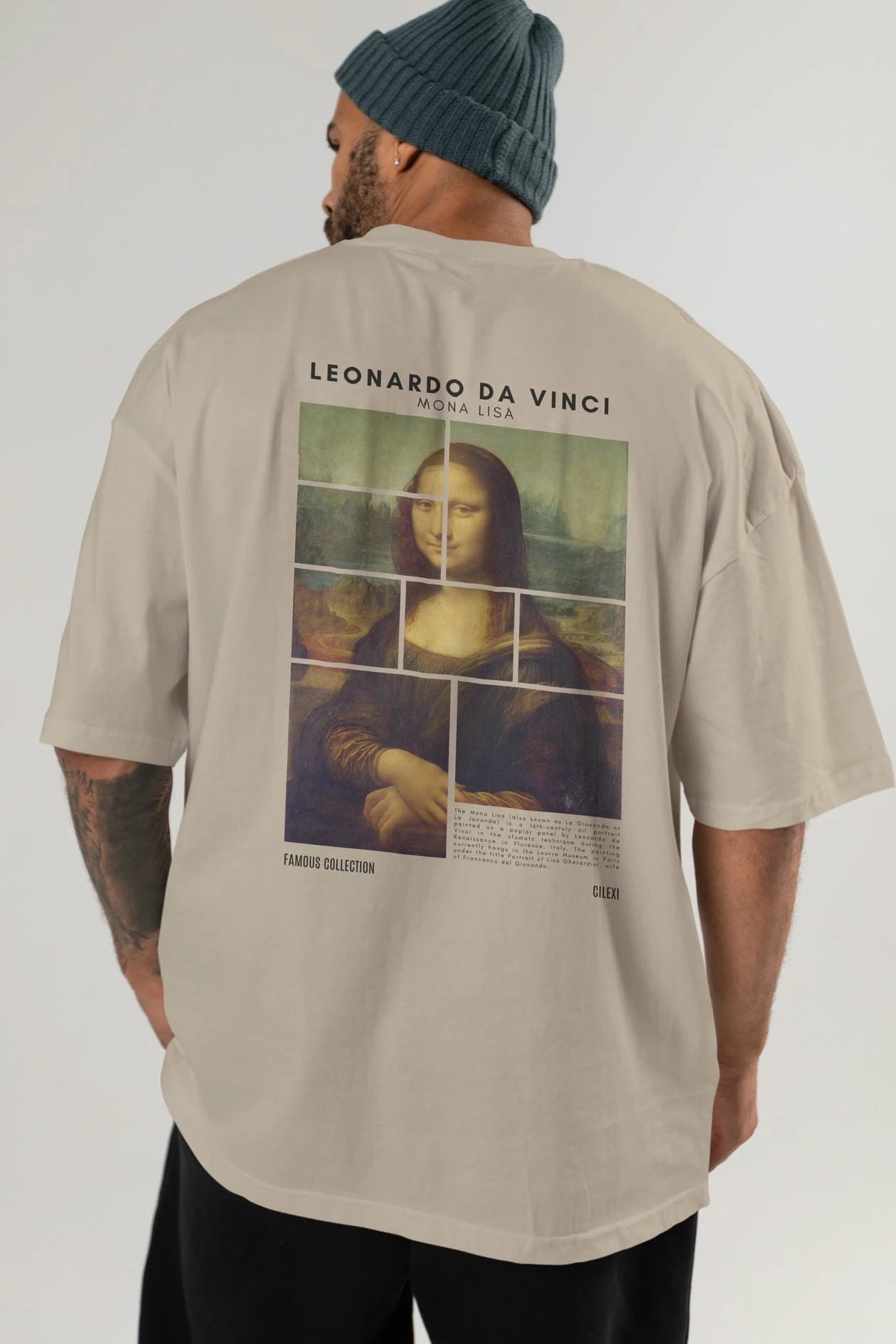 Leonardo Da Vinci Mona Lisa Arka Baskılı Oversize t-shirt Erkek Kadın Bisiklet Yaka Pamuk tişort