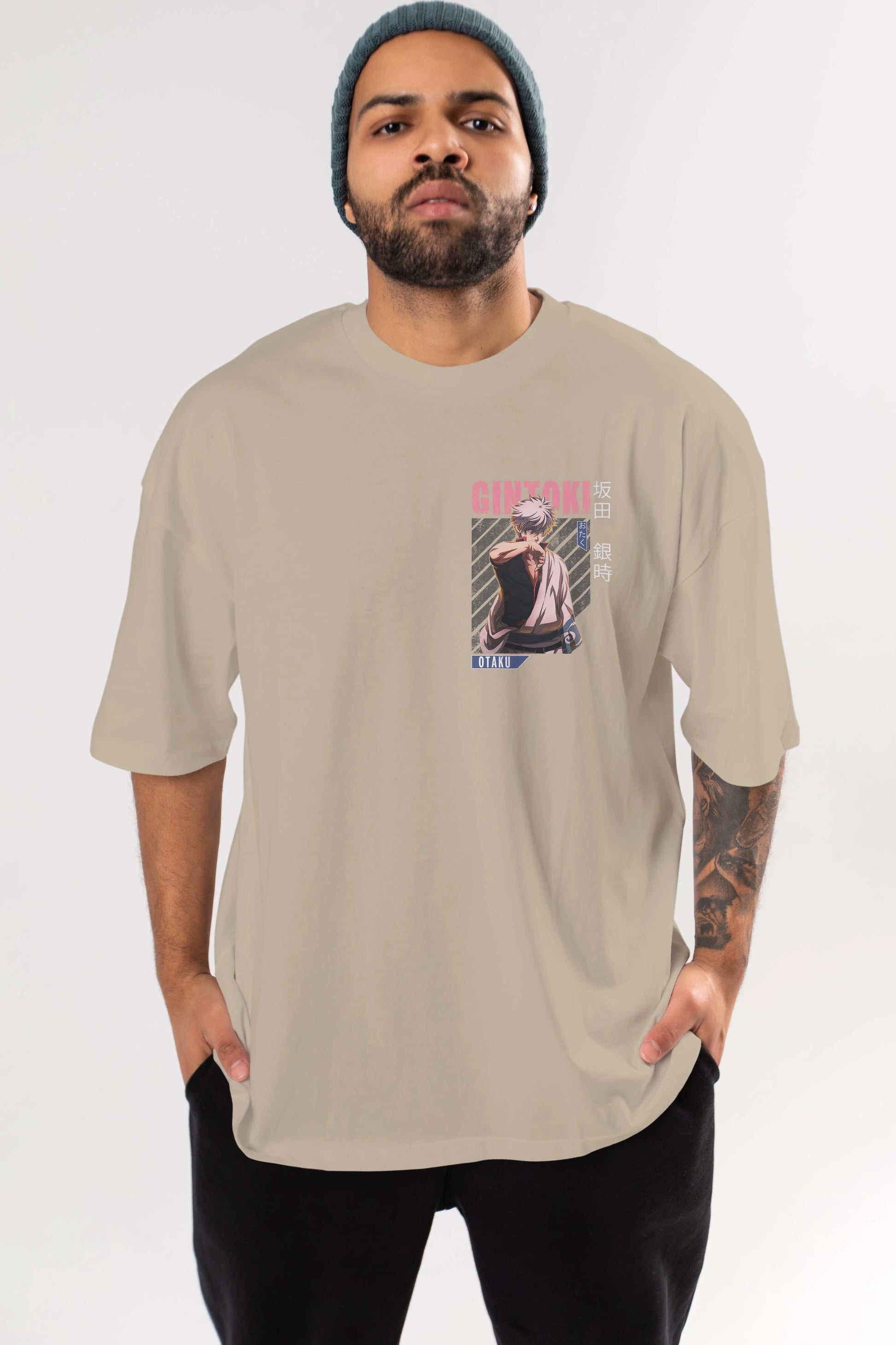 Gintoki Sakata Ön Sol Baskılı Oversize t-shirt Erkek Kadın Unisex %100 Pamuk Bisiklet Yaka tişort