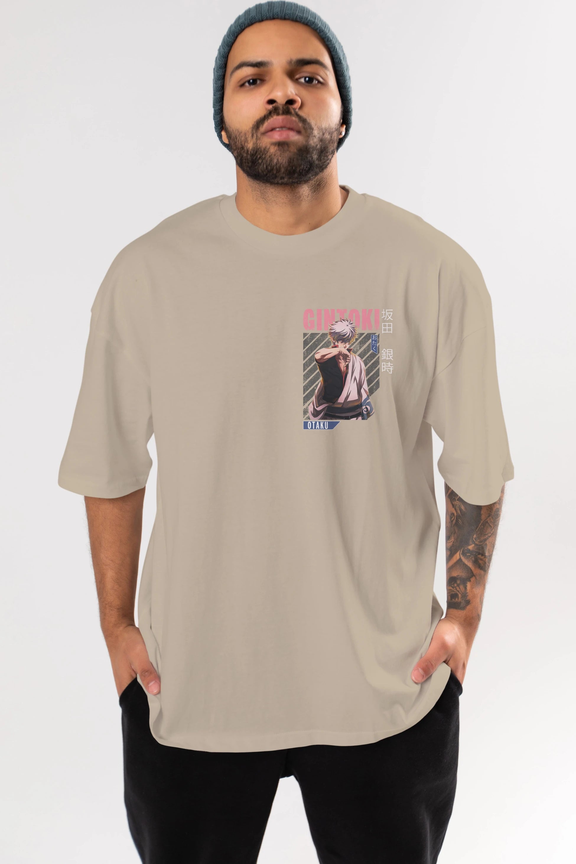Gintoki Sakata Ön Sol Baskılı Oversize t-shirt Erkek Kadın Unisex %100 Pamuk Bisiklet Yaka tişort