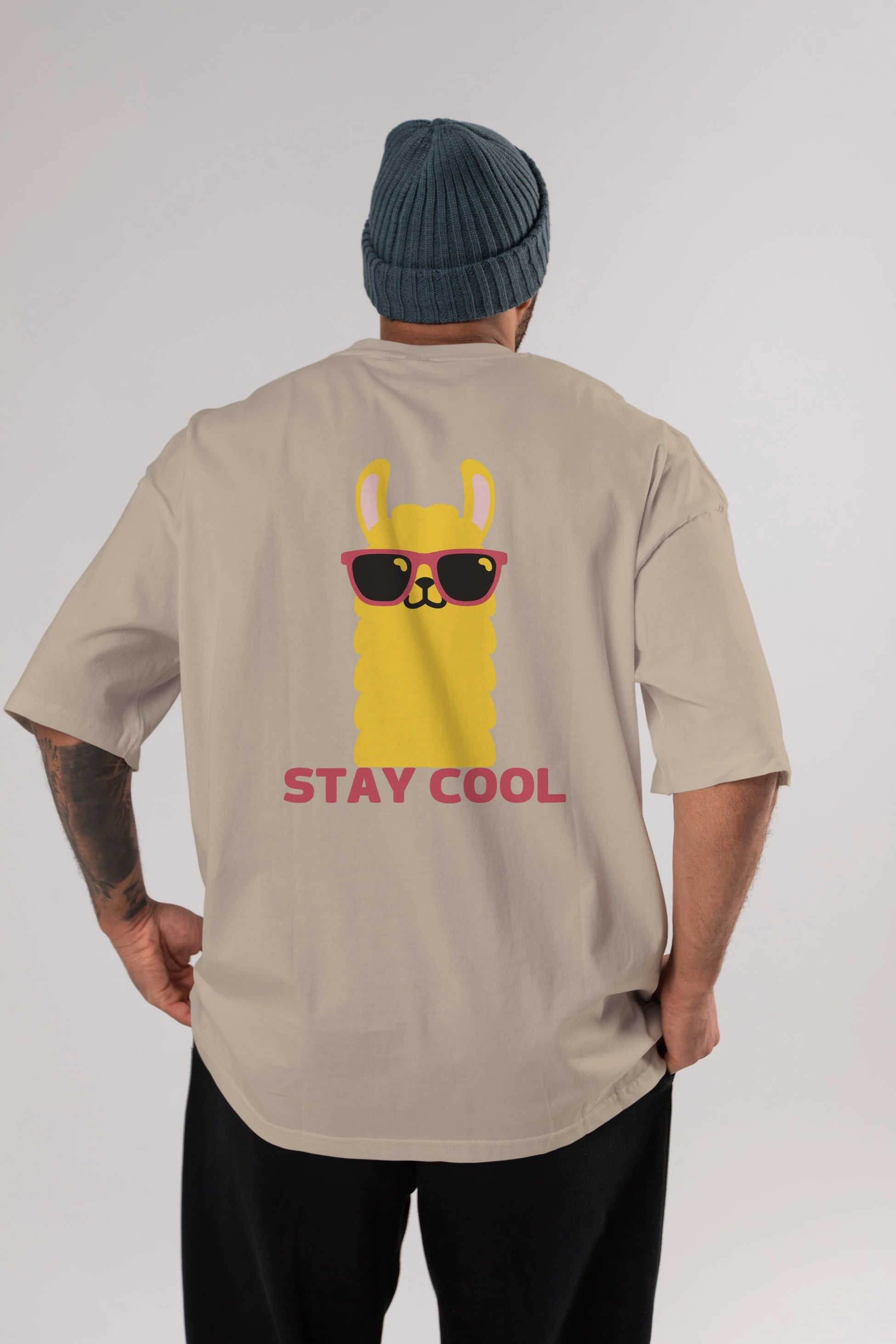 Stay Cool Yazılı Lama Arka Baskılı Oversize t-shirt Erkek Kadın Unisex