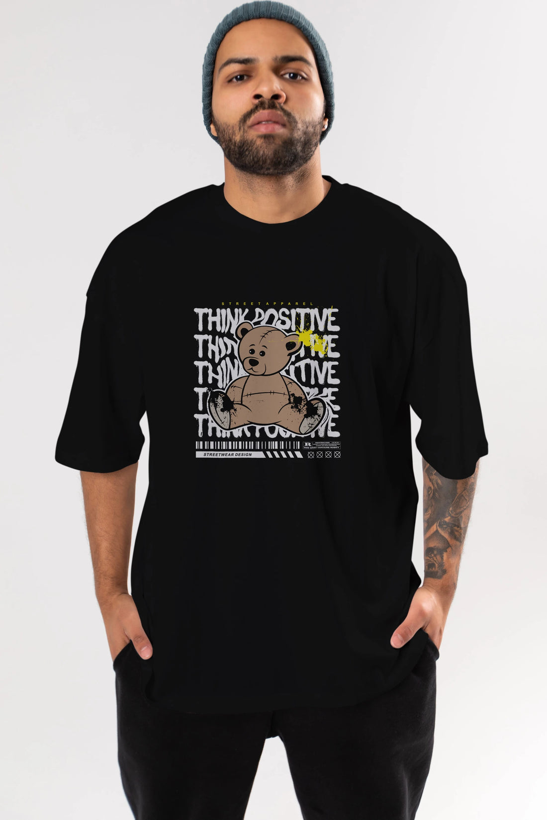 Teddy Bear Think Positive Ön Baskılı Oversize t-shirt Erkek Kadın Unisex