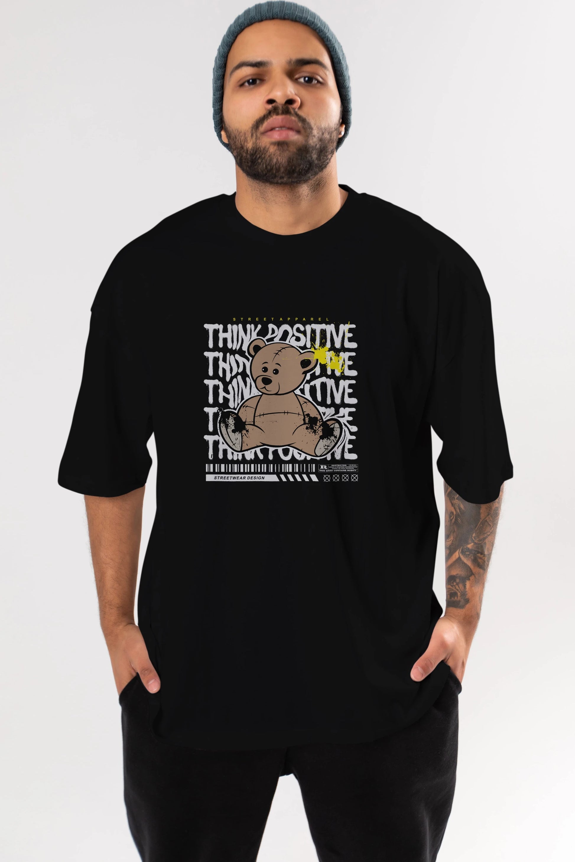 Teddy Bear Think Positive Ön Baskılı Oversize t-shirt Erkek Kadın Unisex