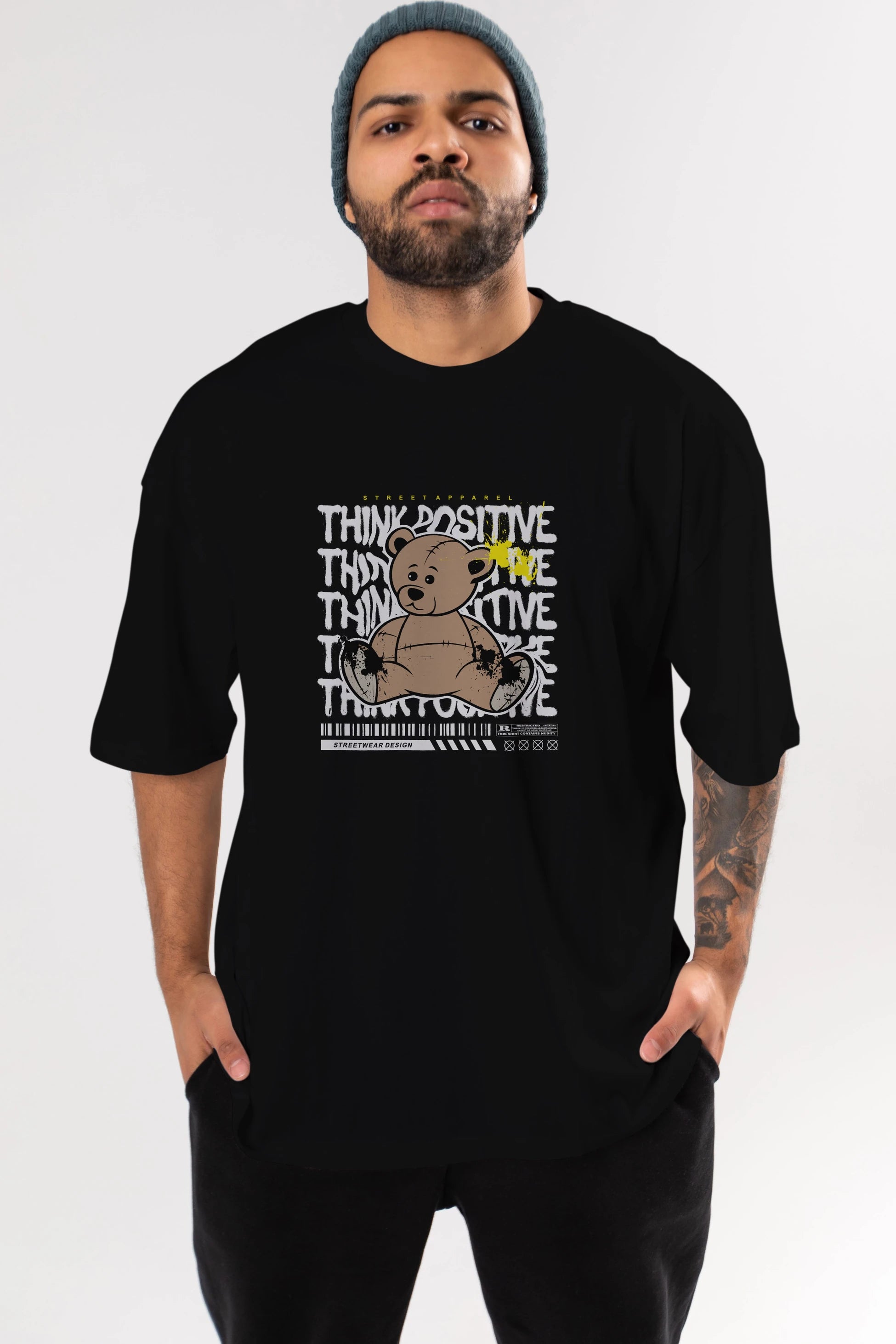 Teddy Bear Think Positive Ön Baskılı Oversize t-shirt Erkek Kadın Unisex