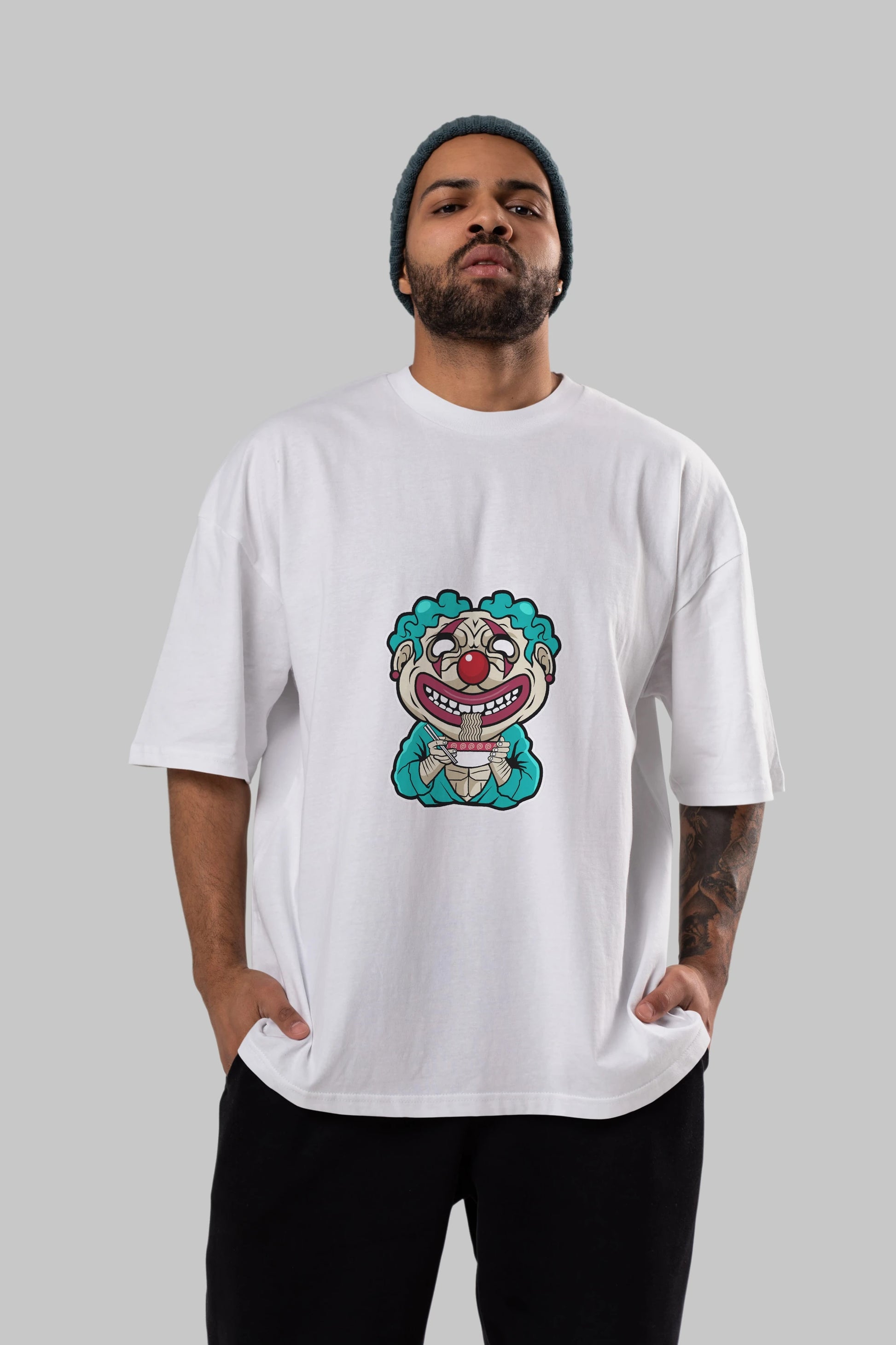 Clown Ramen Ön Baskılı Oversize t-shirt Erkek Kadın Unisex %100 Pamuk tişort