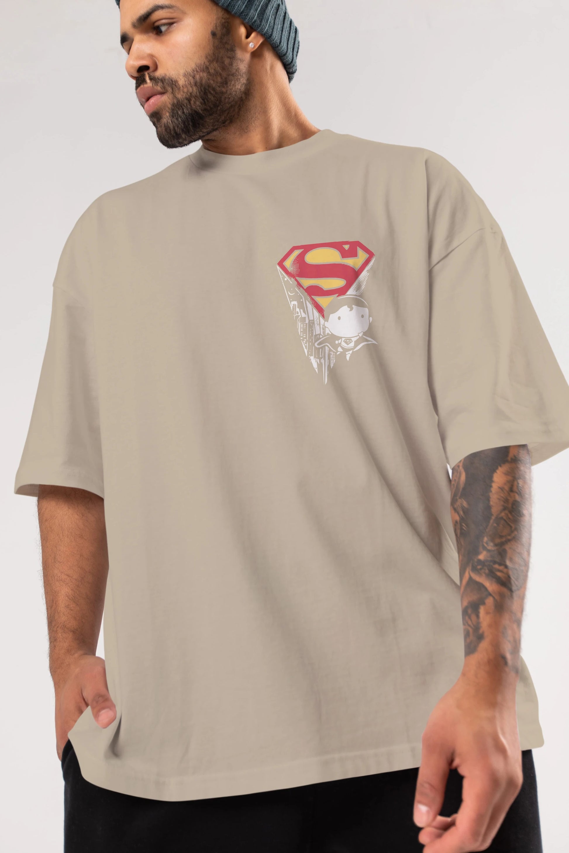 Superman Ön Sol Baskılı Oversize t-shirt Erkek Kadın Unisex %100 Pamuk Bisiklet Yaka tişort
