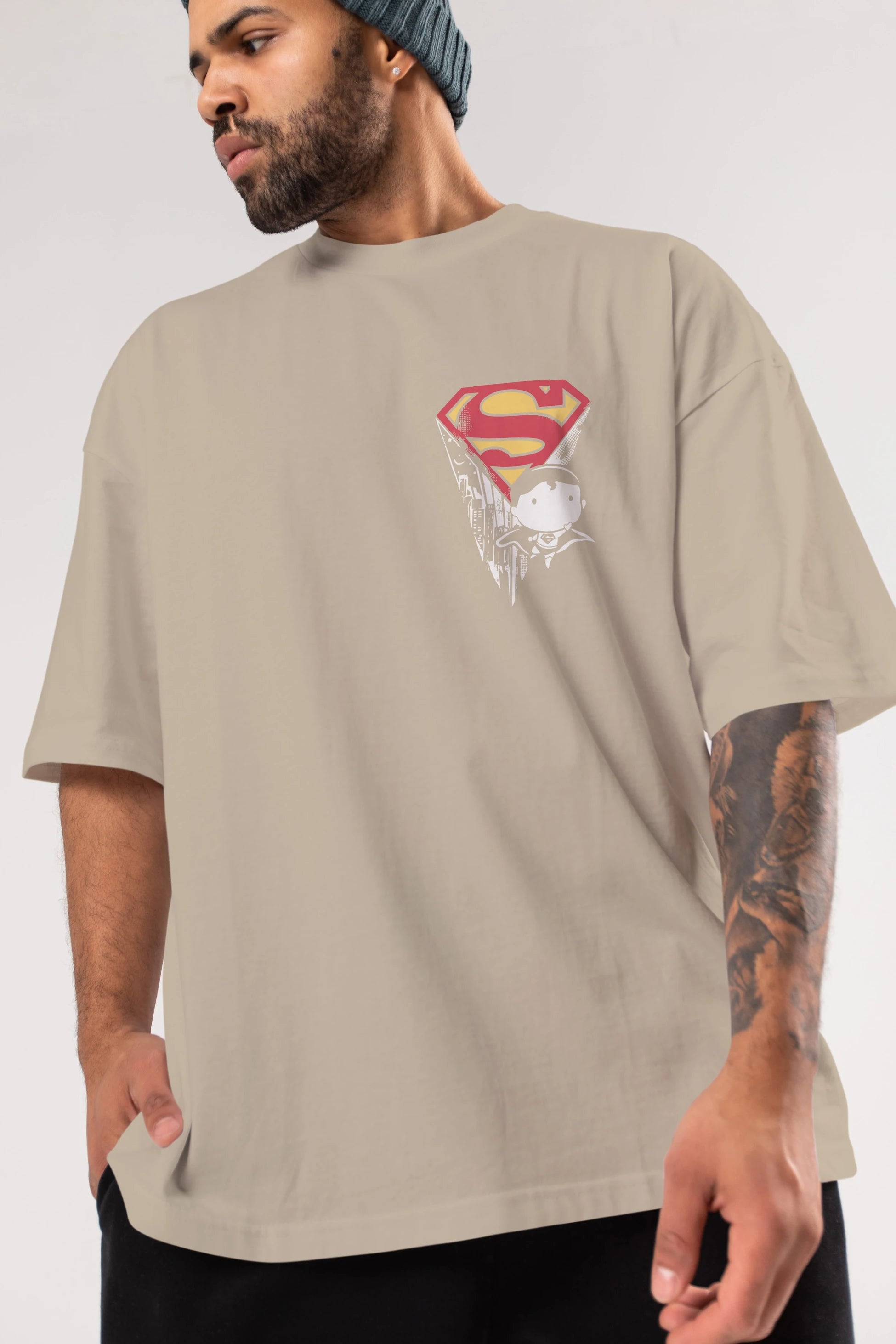 Superman Ön Sol Baskılı Oversize t-shirt Erkek Kadın Unisex %100 Pamuk Bisiklet Yaka tişort