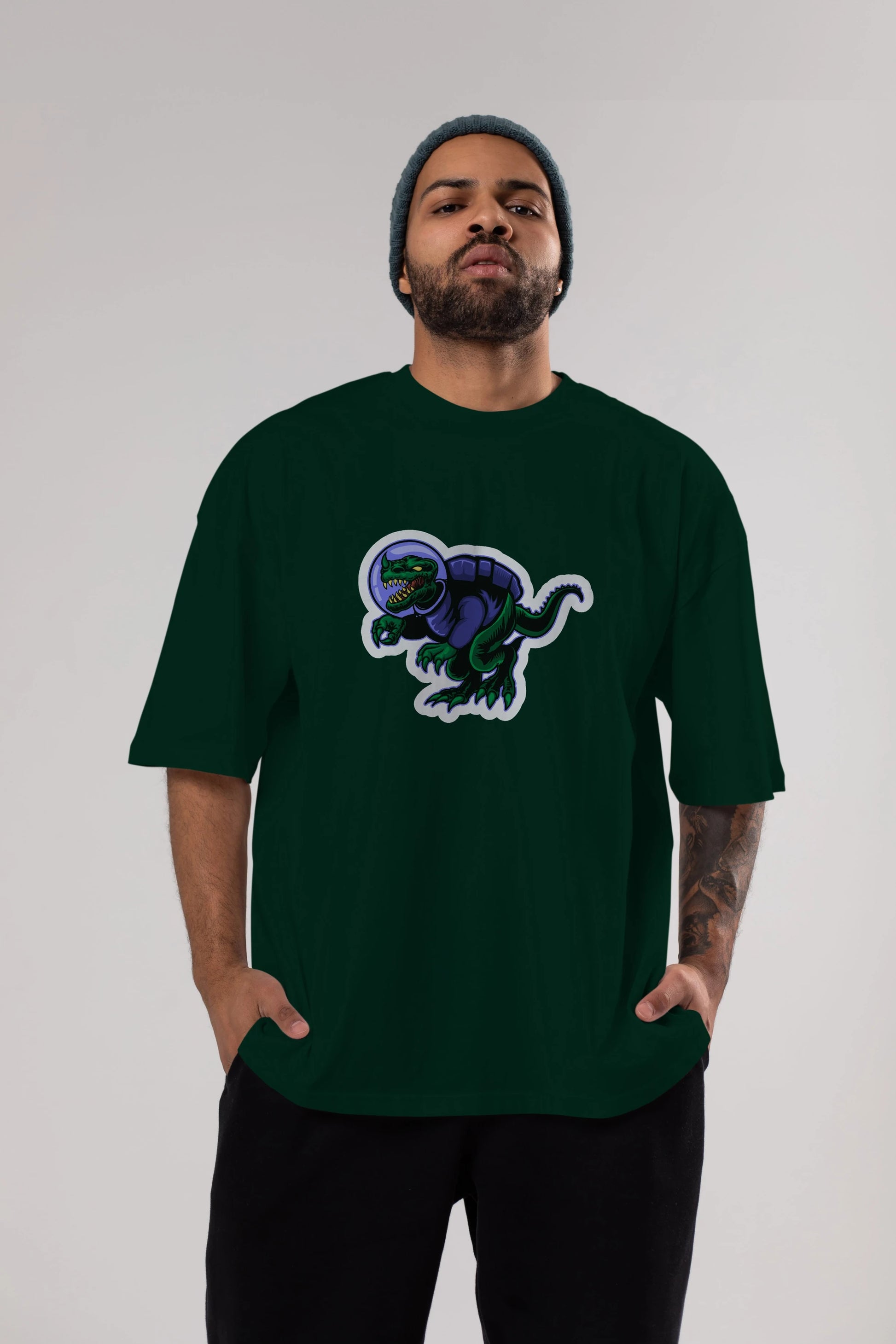 Space Dino Sticker Ön Baskılı Oversize t-shirt Erkek Kadın Unisex