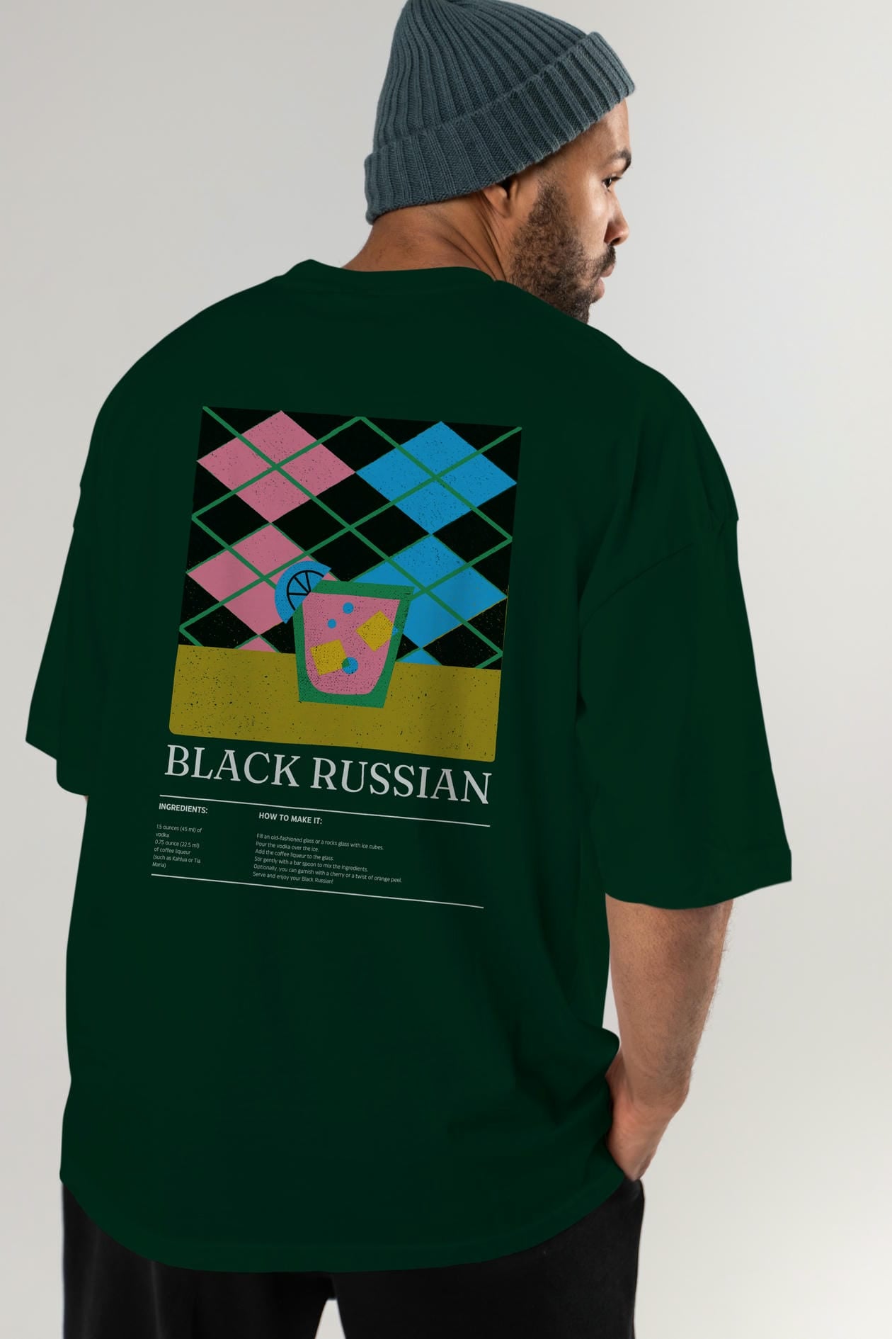 Black Russian Kokteyl Serisi Arka Baskılı Oversize t-shirt Erkek Kadın %100 Pamuk Bisiklet Yaka tişort