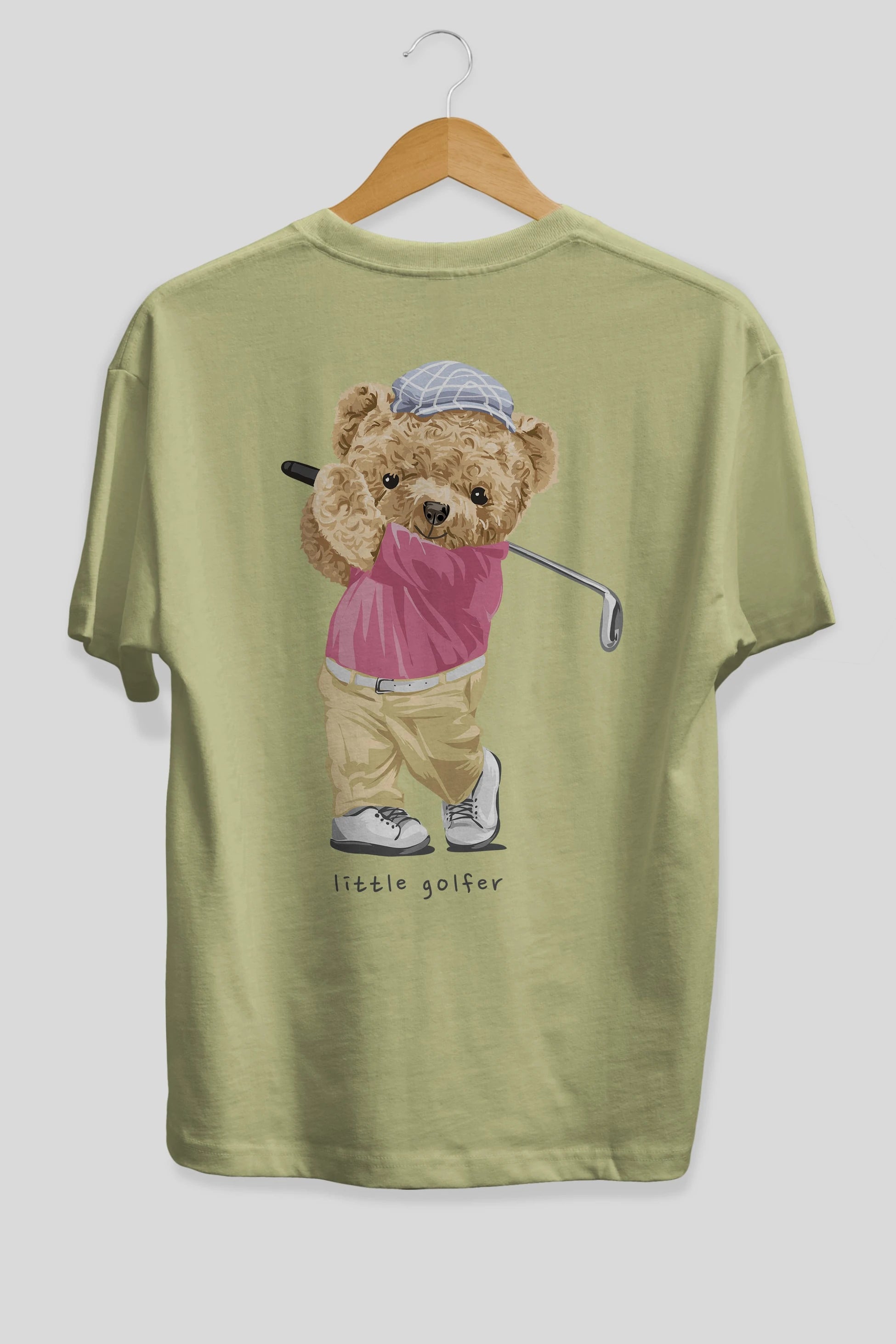Teddy Bear Little Golfer Arka Baskılı Oversize t-shirt Erkek Kadın Unisex %100 Pamuk