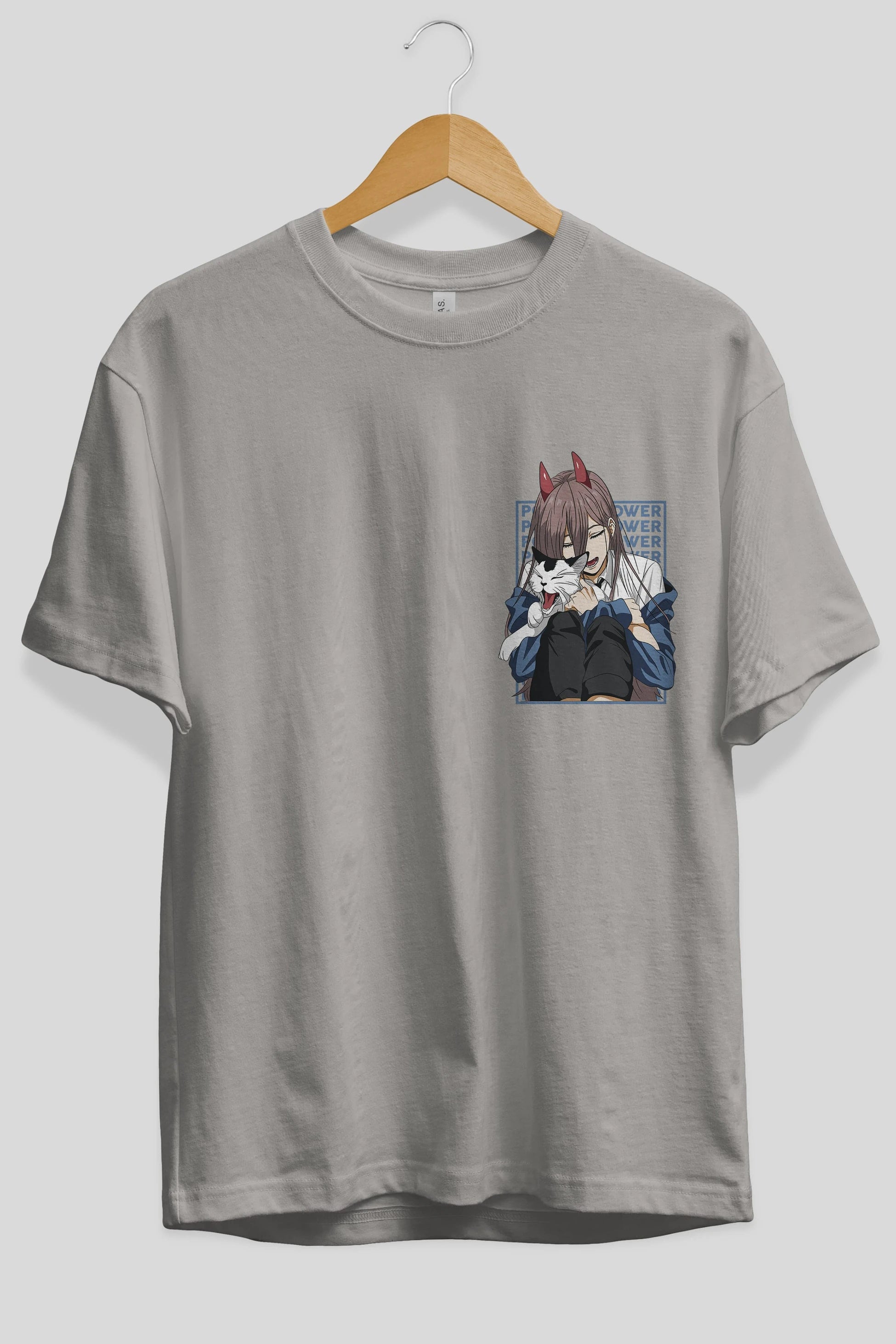 POWER CHAINSAWMAN Ön Sol Baskılı Oversize t-shirt Erkek Kadın Unisex %100 Pamuk Bisiklet Yaka tişort