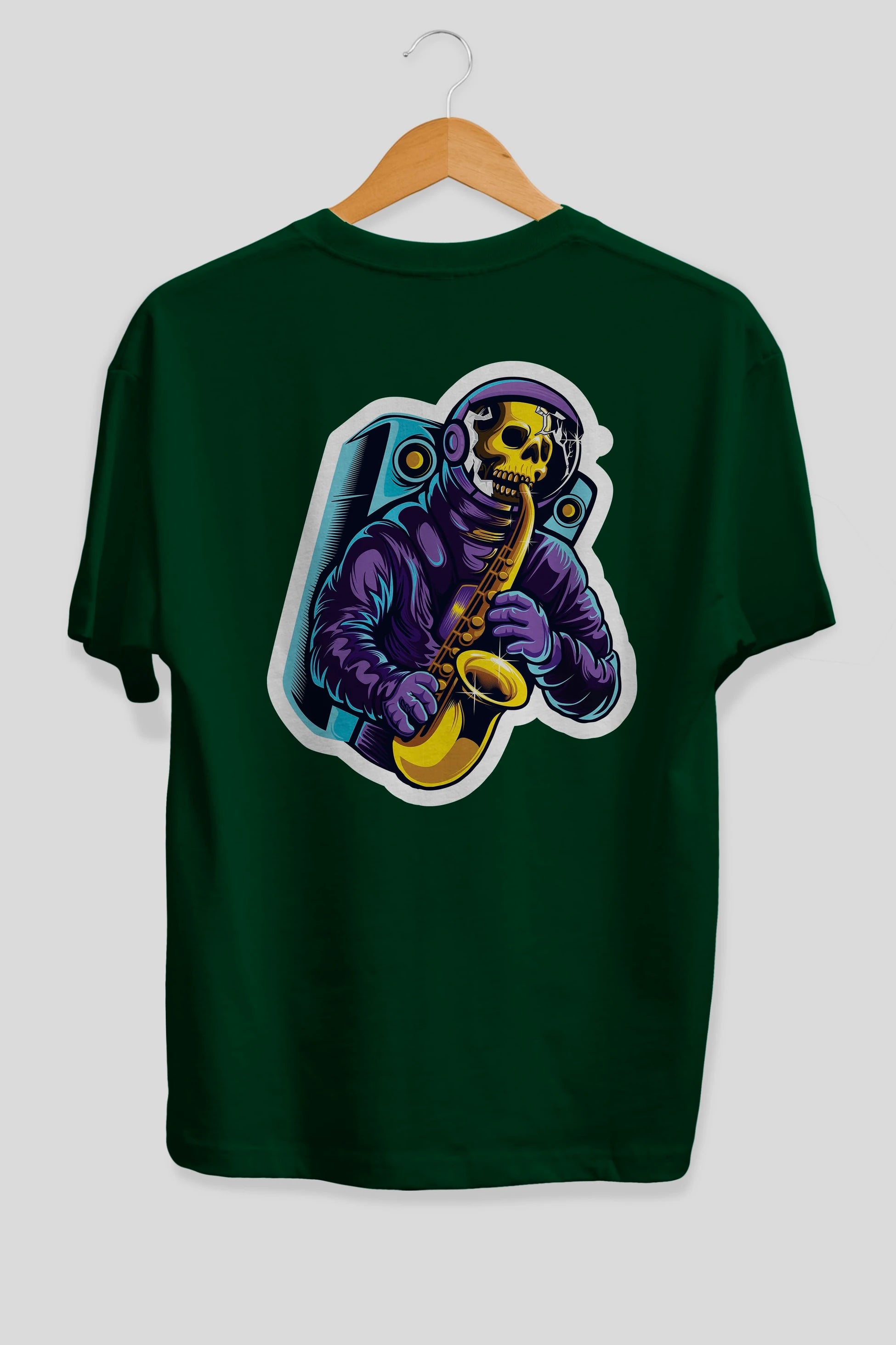 Astroskull Saxophonist Sticker Arka Baskılı Oversize t-shirt Erkek Kadın Unisex