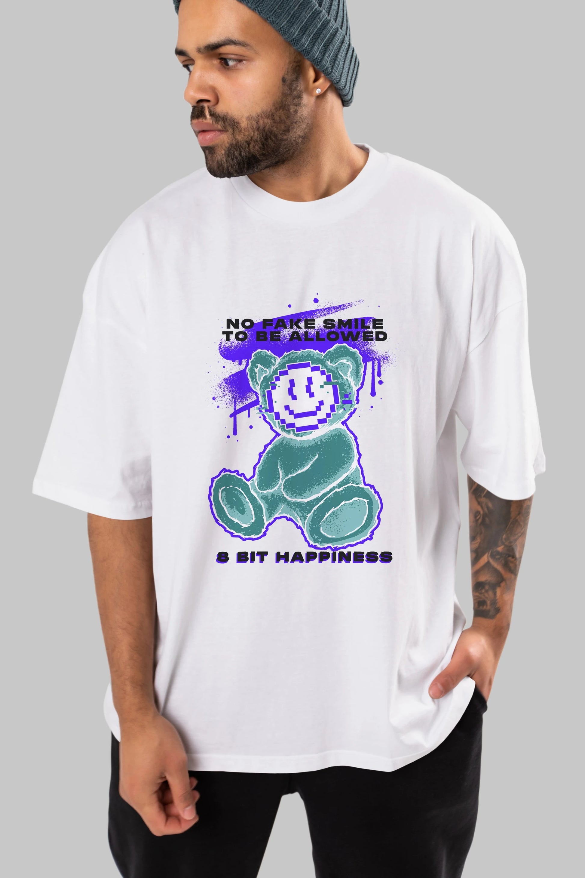 No Fake Smile Bear Ön Baskılı Oversize t-shirt Erkek Kadın Unisex