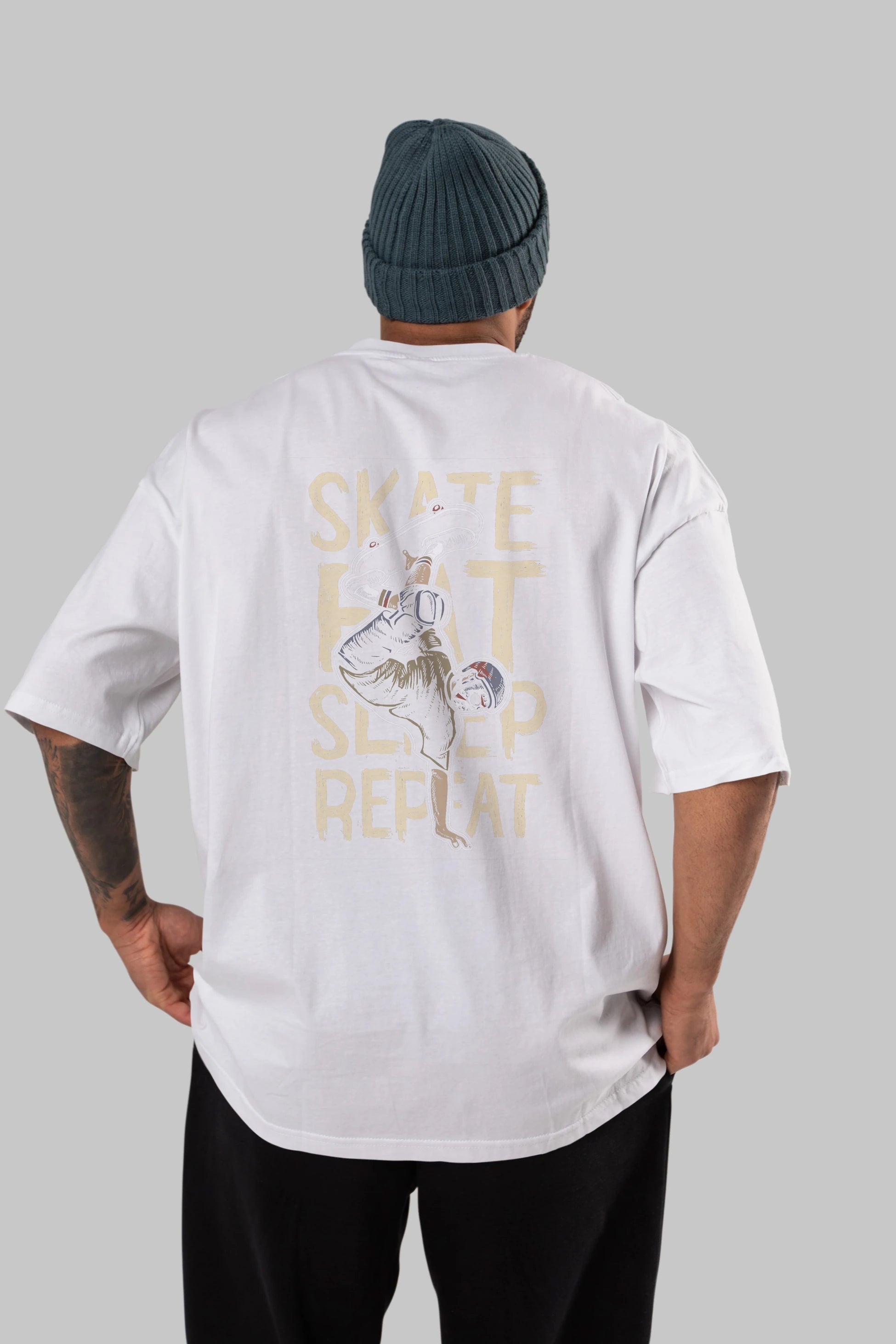 Skate Eat Sleep Repeat Arka Baskılı Oversize t-shirt Erkek Kadın Unisex %100 Pamuk