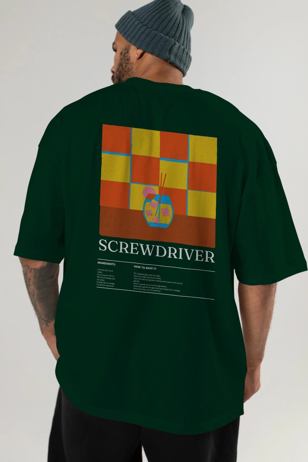 Screwdriver Kokteyl Serisi Arka Baskılı Oversize t-shirt Erkek Kadın %100 Pamuk Bisiklet Yaka tişort
