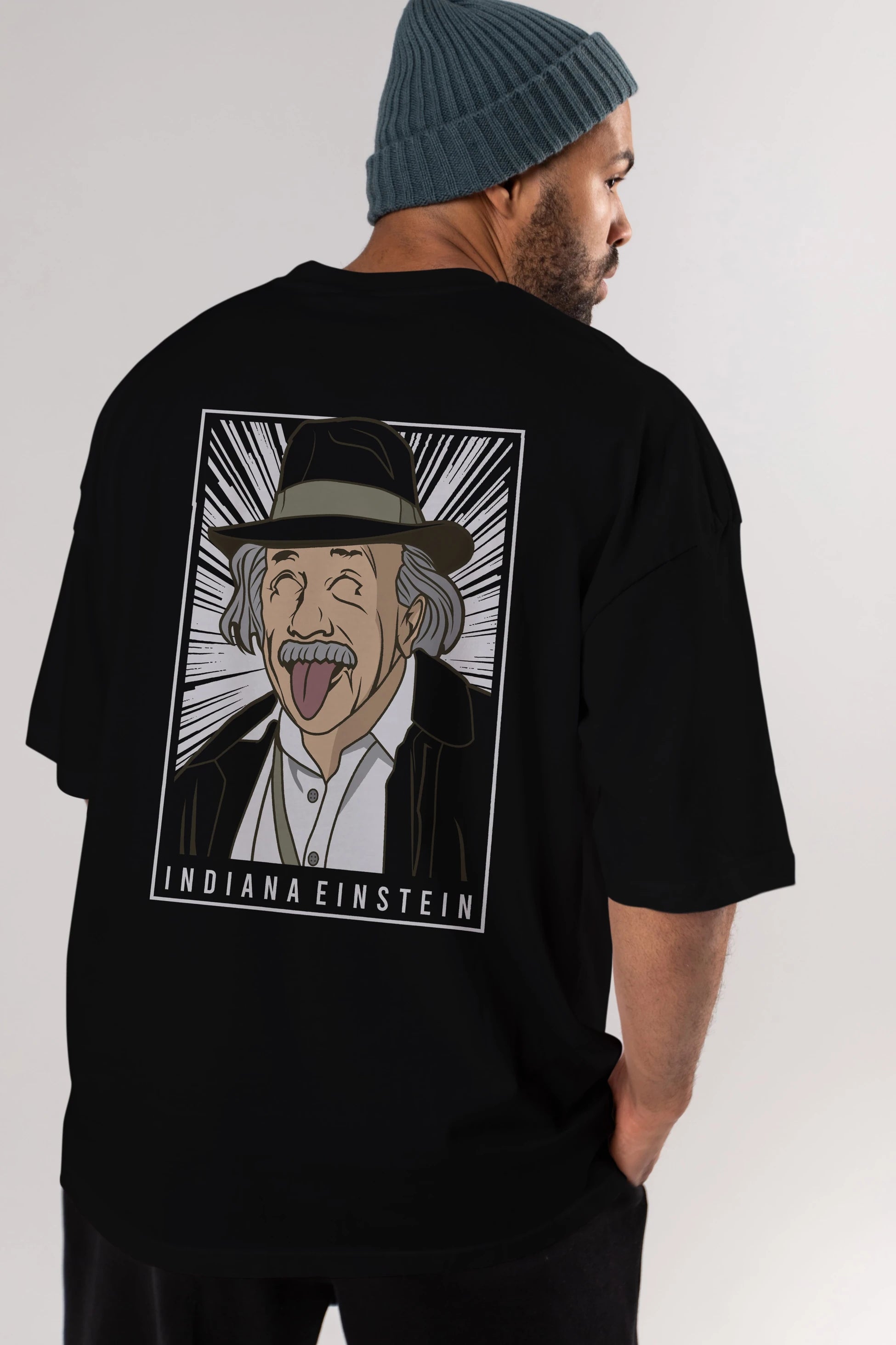 Indiana Jones Einstein Arka Baskılı Oversize t-shirt Erkek Kadın Unisex %100 Pamuk tişort