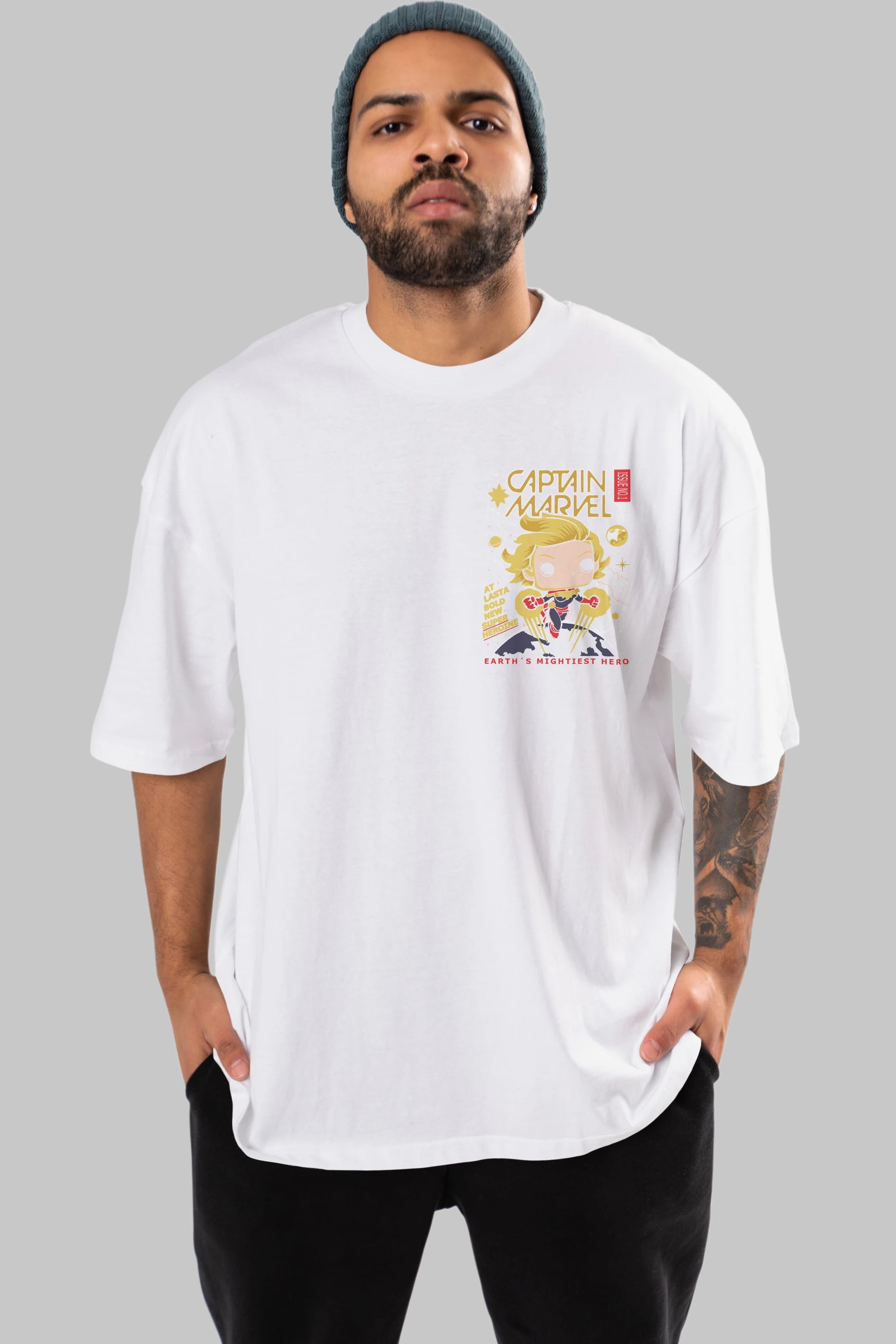 Captain Marvel Ön Sol Baskılı Oversize t-shirt Erkek Kadın Unisex %100 Pamuk Bisiklet Yaka tişort