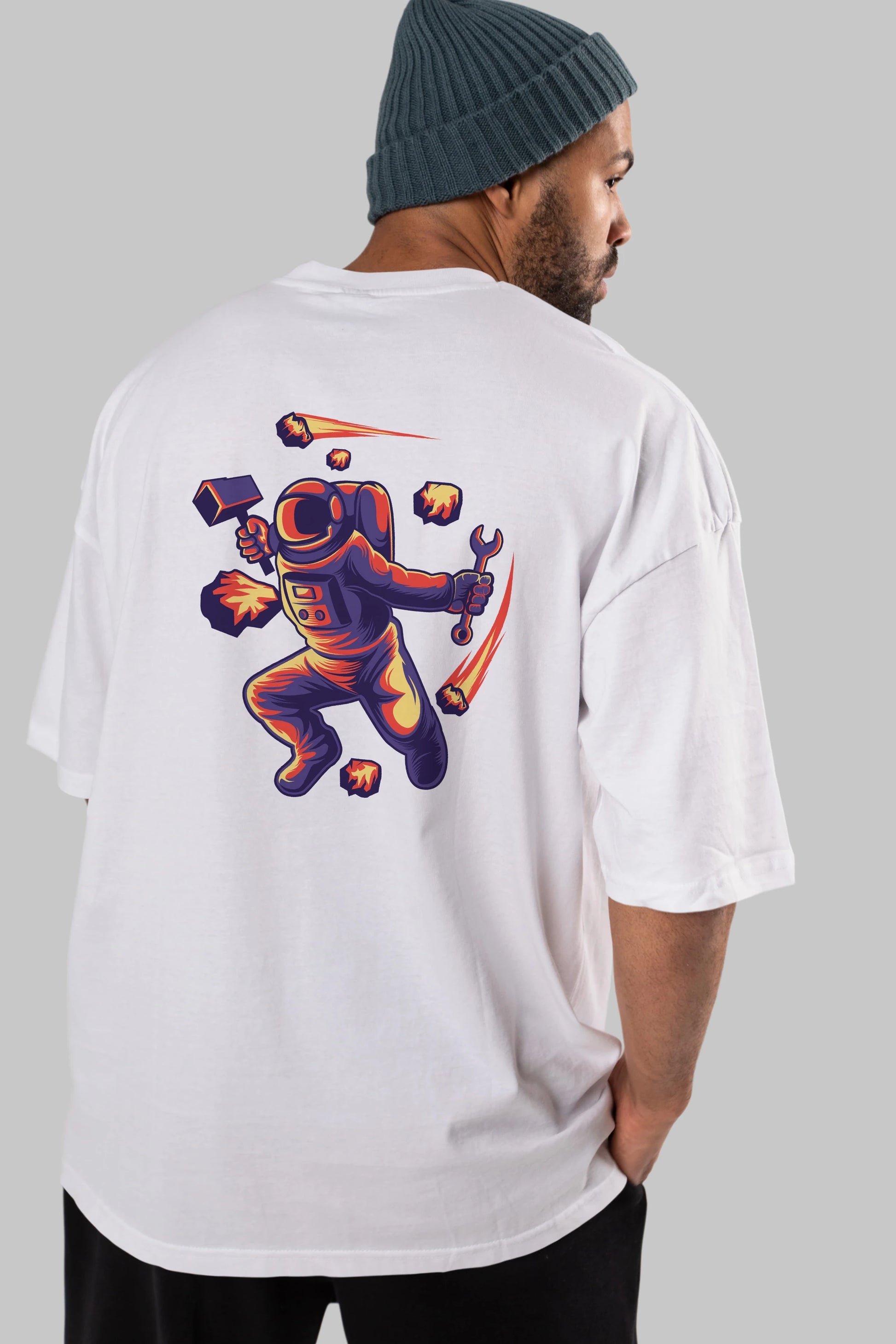 Astronaut Block Meteor Arka Baskılı Oversize t-shirt Erkek Kadın Unisex