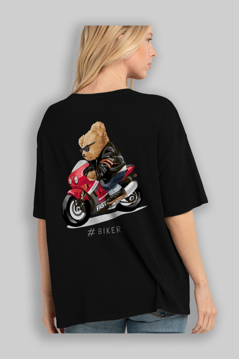 Teddy Bear Biker Arka Baskılı Oversize t-shirt Erkek Kadın Unisex %100 Pamuk