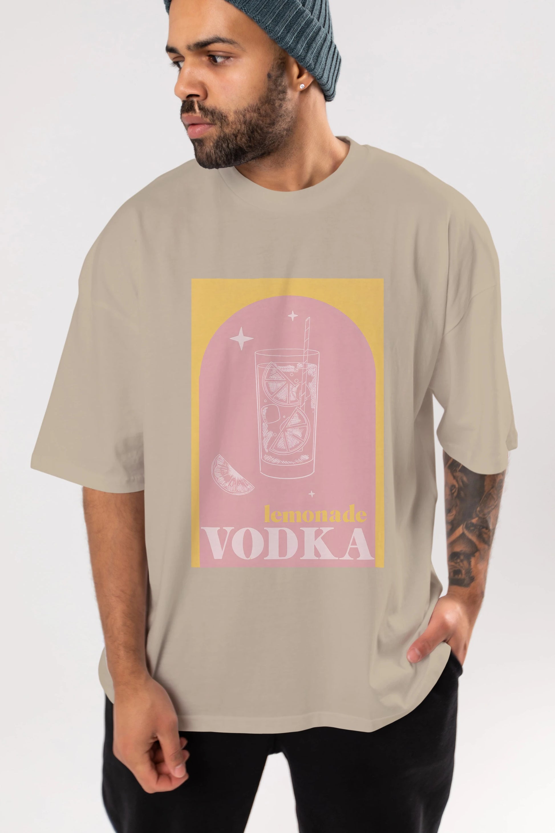 Vodka Limon Ön Baskılı Oversize t-shirt Erkek Kadın Unisex %100 Pamuk Bisiklet Yaka tişort