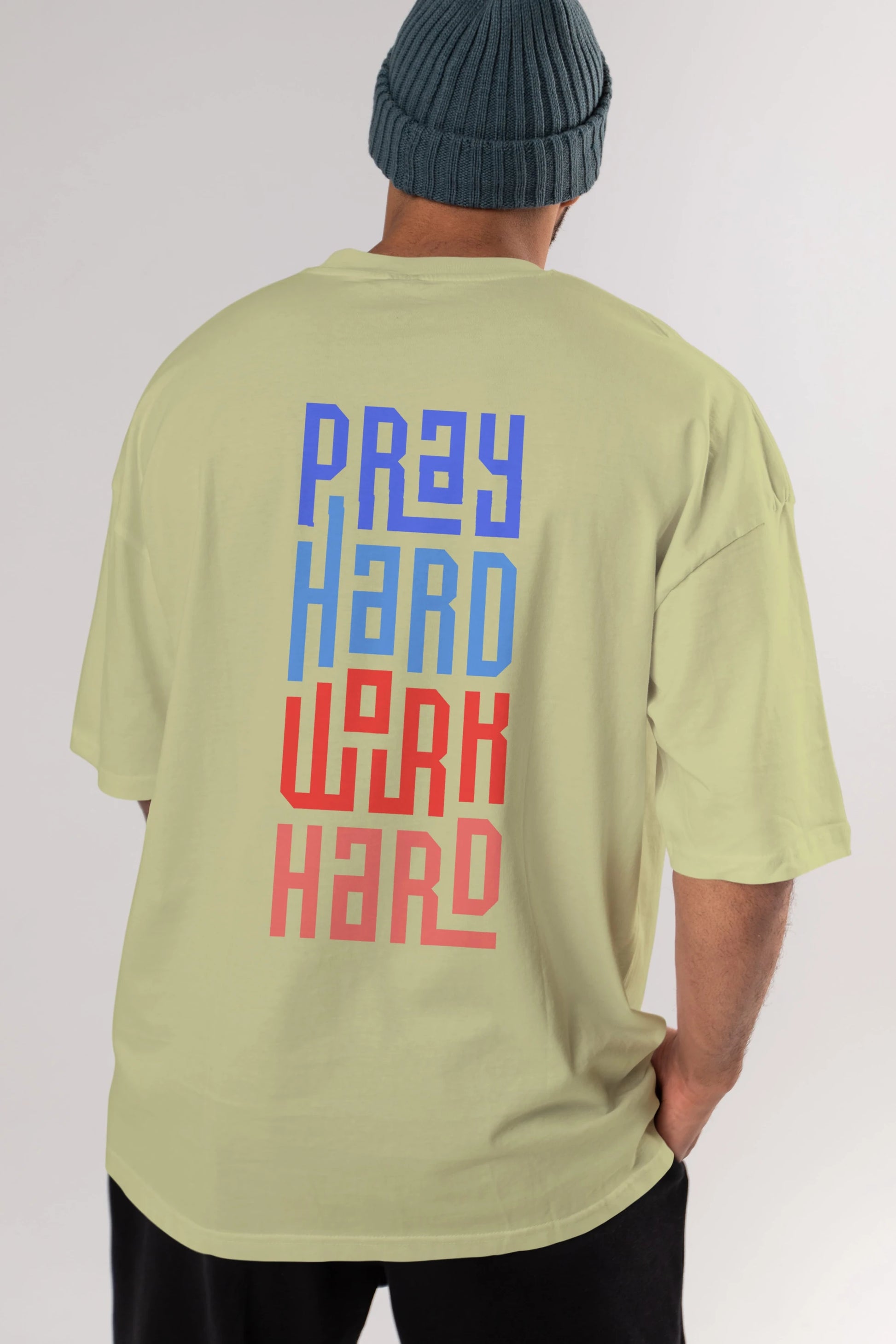 Pray Hard Work Hard Yazılı Arka Baskılı Oversize t-shirt Erkek Kadın Unisex