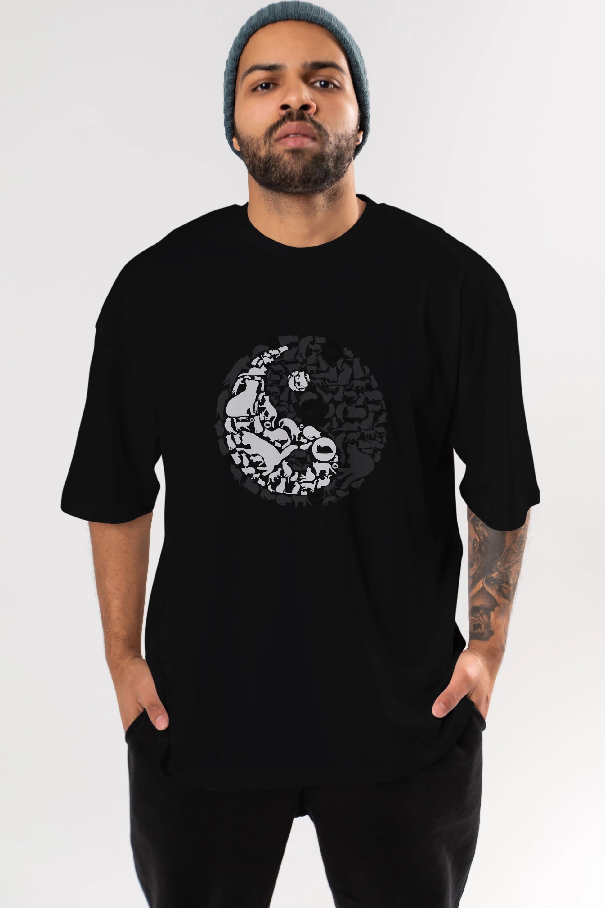 YinYang Cats Ön Baskılı Oversize t-shirt %100 pamuk Erkek Kadın Unisex