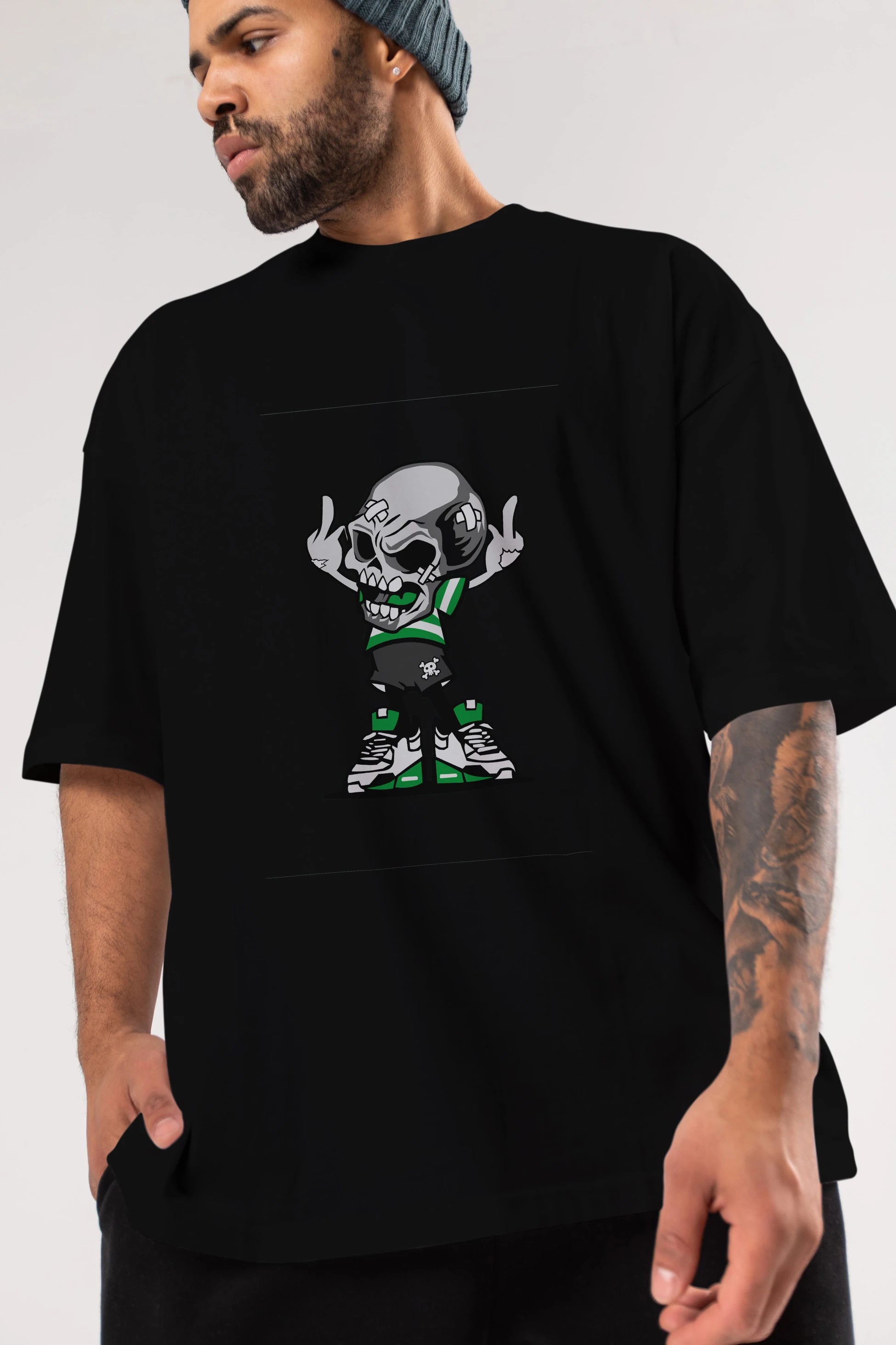 Skull F Hand Ön Baskılı Oversize t-shirt Erkek Kadın Unisex %100 Pamuk tişort