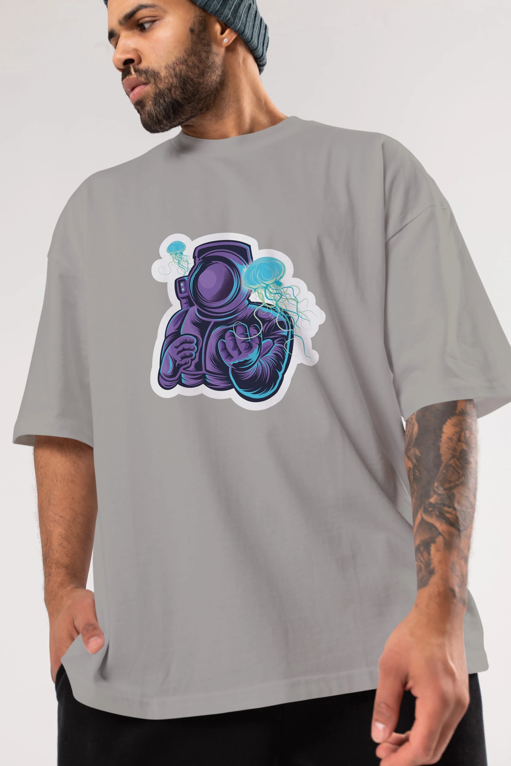 Astronaut and Jellyfish Sticker Ön Baskılı Oversize t-shirt Erkek Kadın Unisex