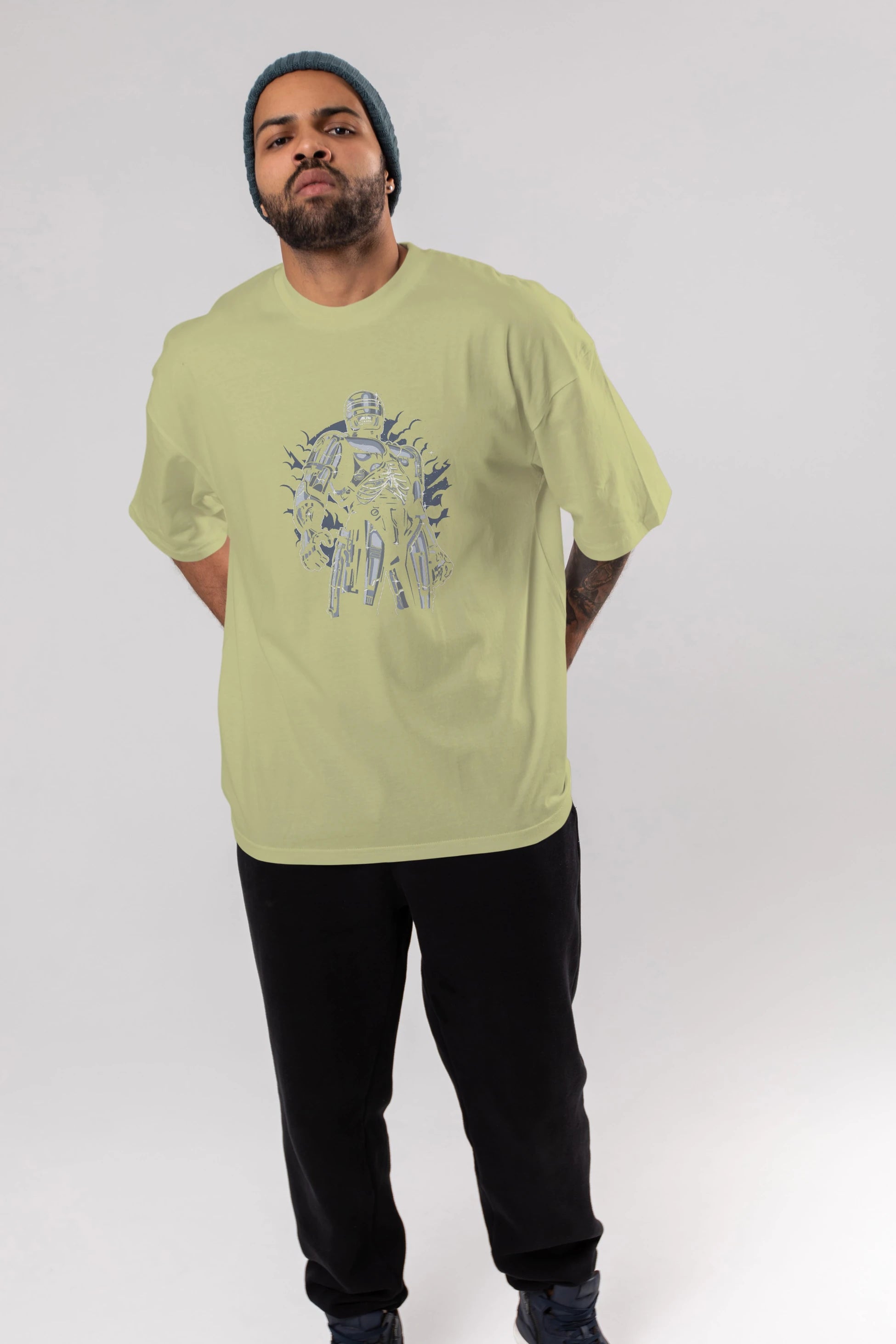 Roboskull Ön Baskılı Oversize t-shirt Erkek Kadın Unisex %100 Pamuk tişort