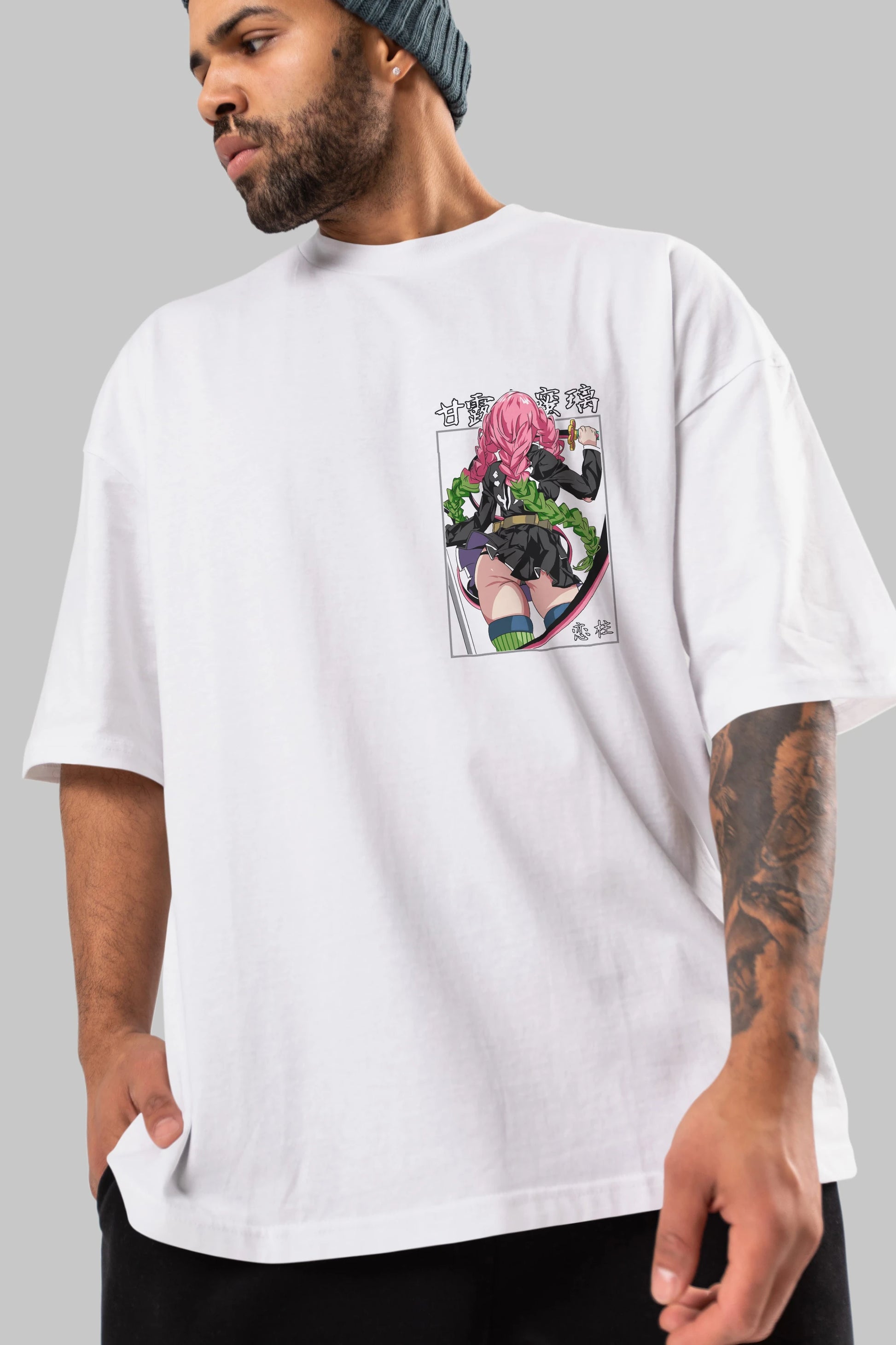 Mitsuri DEMONSLAYER Ön Sol Baskılı Oversize t-shirt Erkek Kadın Unisex %100 Pamuk Bisiklet Yaka tişort