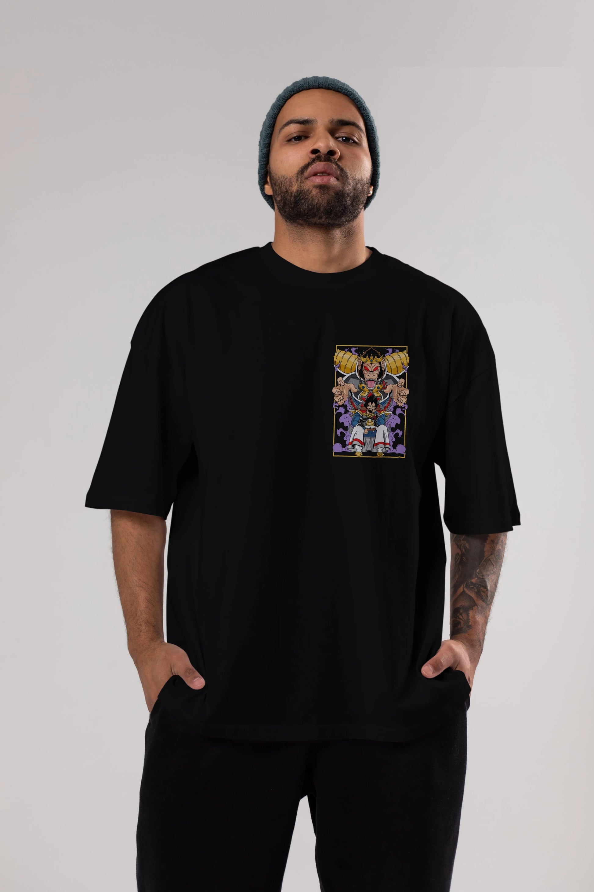 DragonBall ReyVegeta Ön Sol Baskılı Oversize t-shirt Erkek Kadın Unisex %100 Pamuk Bisiklet Yaka tişort