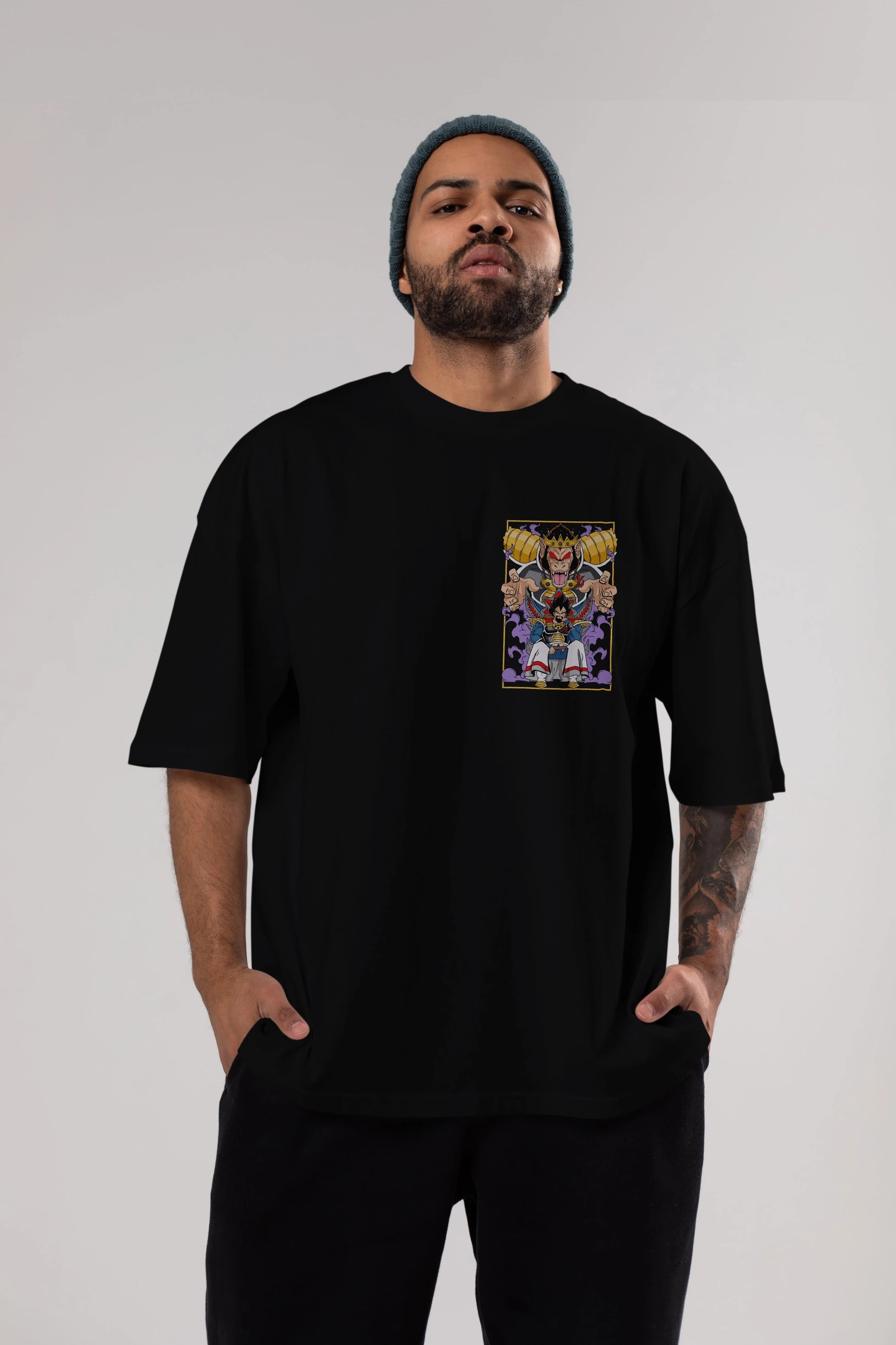 DragonBall ReyVegeta Ön Sol Baskılı Oversize t-shirt Erkek Kadın Unisex %100 Pamuk Bisiklet Yaka tişort