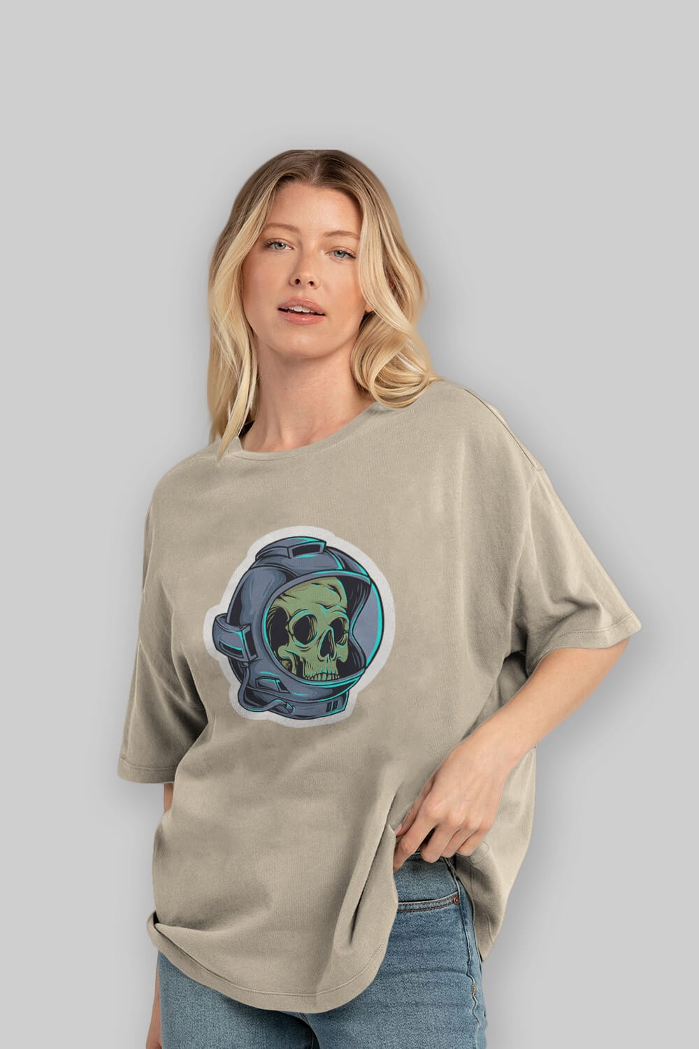 Astroskull Sticker Ön Baskılı Oversize t-shirt Erkek Kadın Unisex