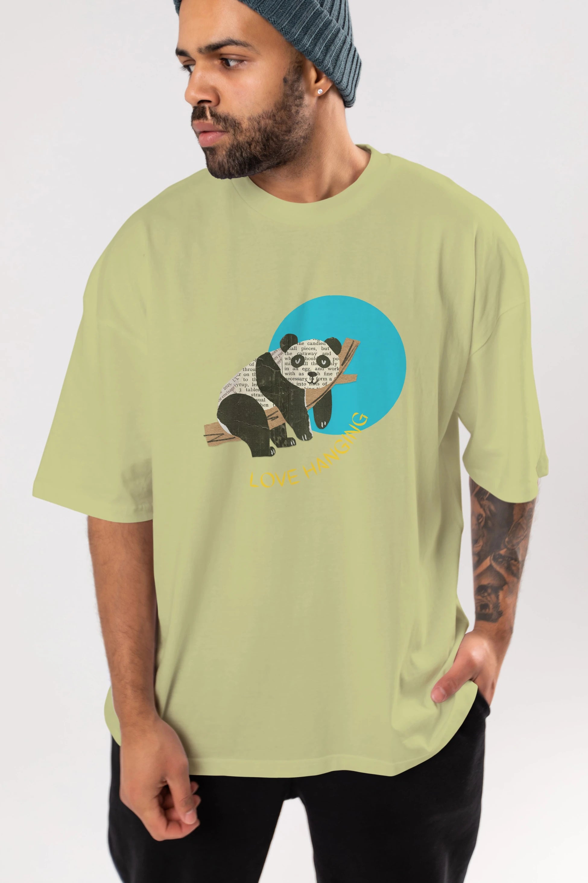 Panda Love Hanging Ön Baskılı Oversize t-shirt Erkek Kadın Unisex