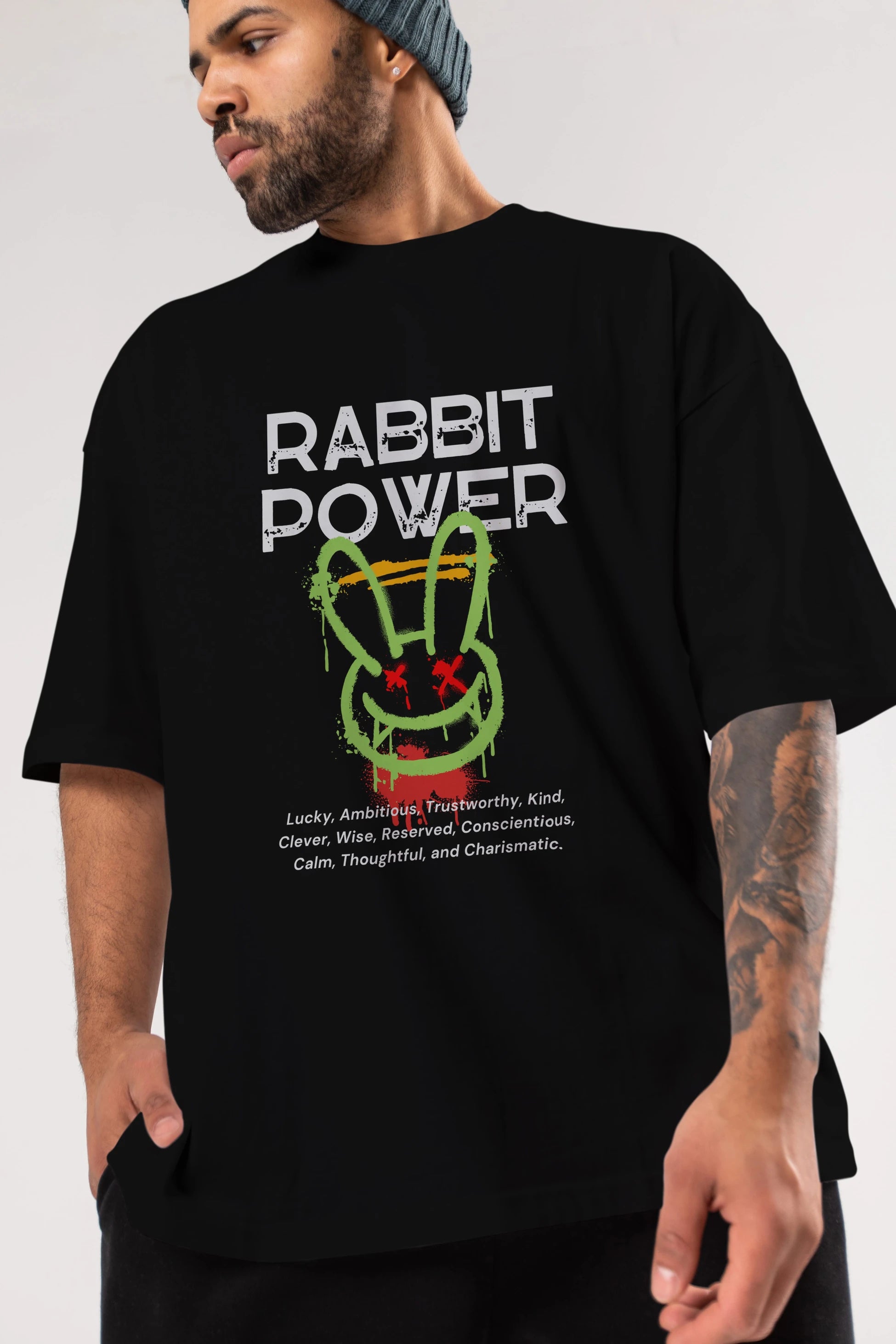 Rabbit Power Yazılı Ön Baskılı Oversize t-shirt Erkek Kadın Unisex