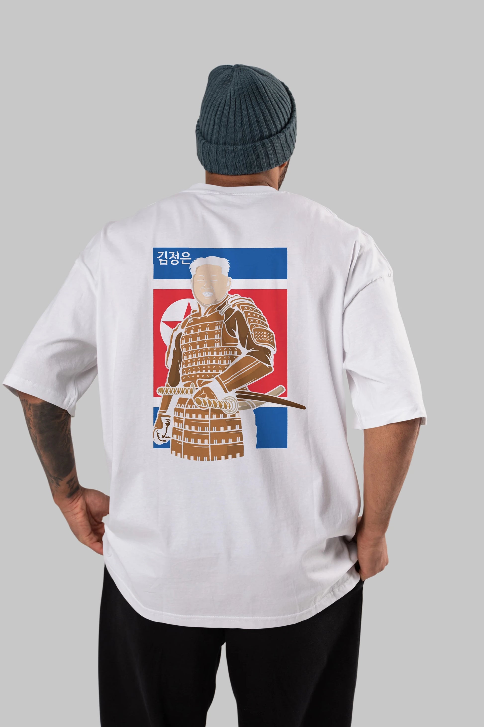 Samurai Jong Un Arka Baskılı Oversize t-shirt Erkek Kadın Unisex %100 Pamuk tişort